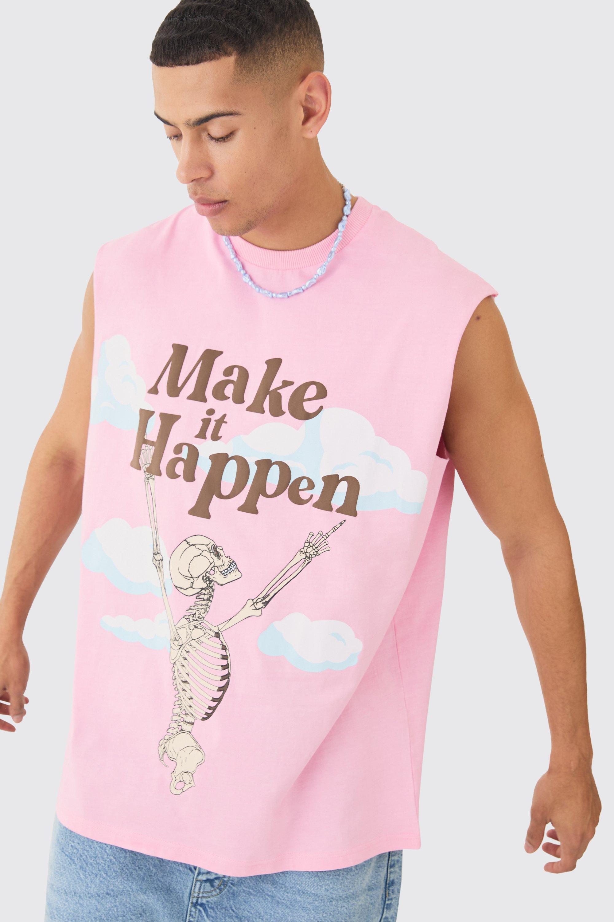 Mens Pink Oversized Skeleton Graphic vest, Pink