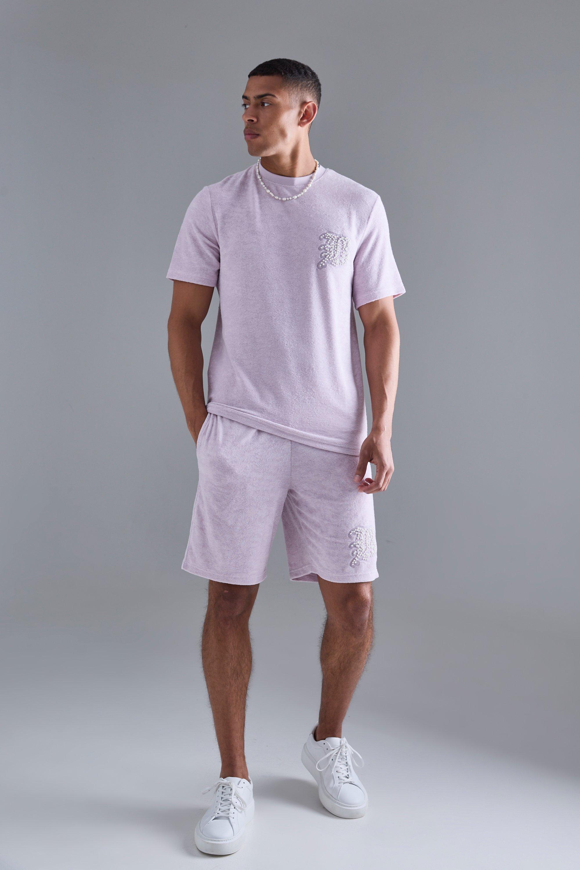 Image of Regular Towelling Pearl Embroided T-shirt And Short Set, Purple