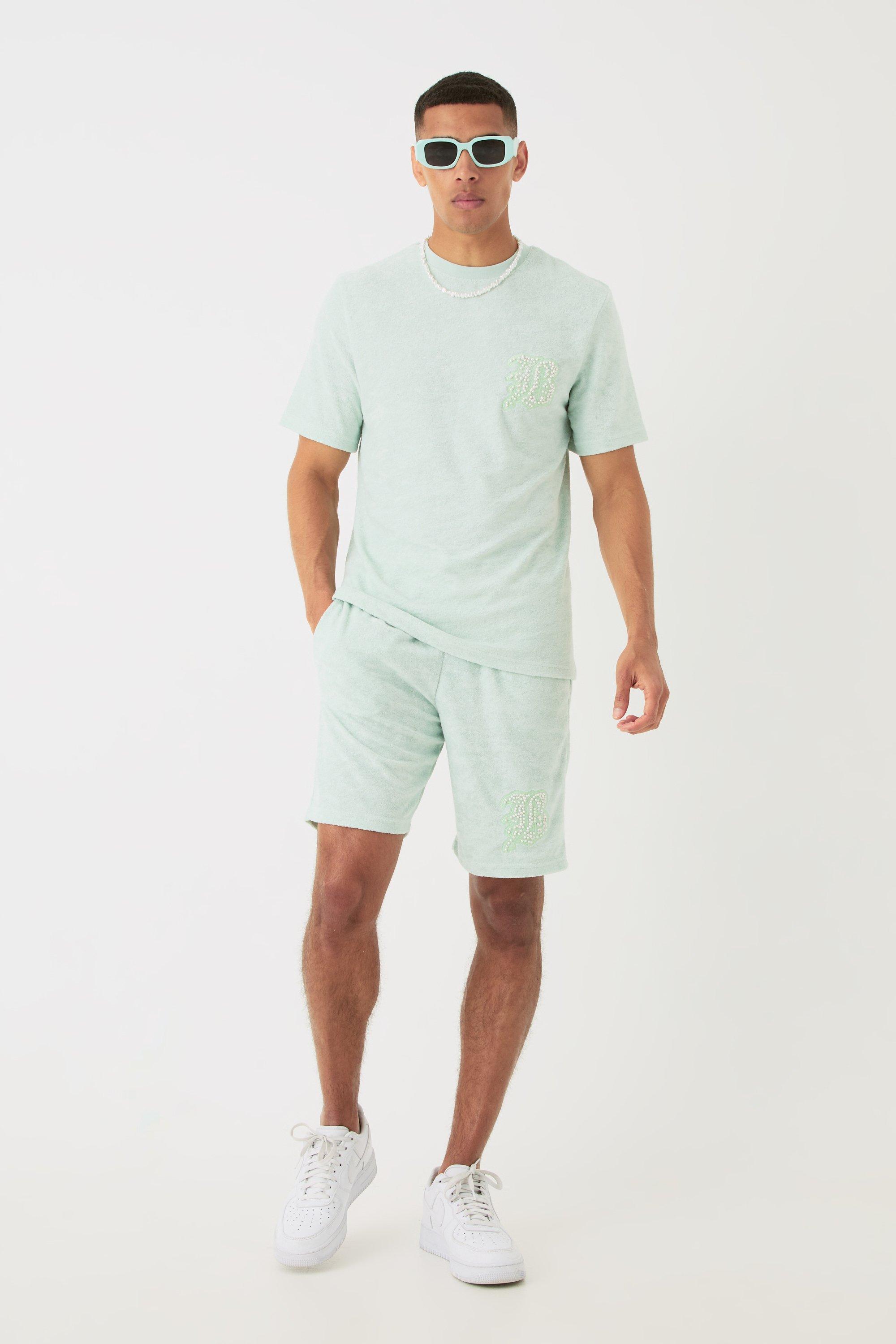 Image of Regular Towelling Pearl Embroided T-shirt And Short Set, Verde