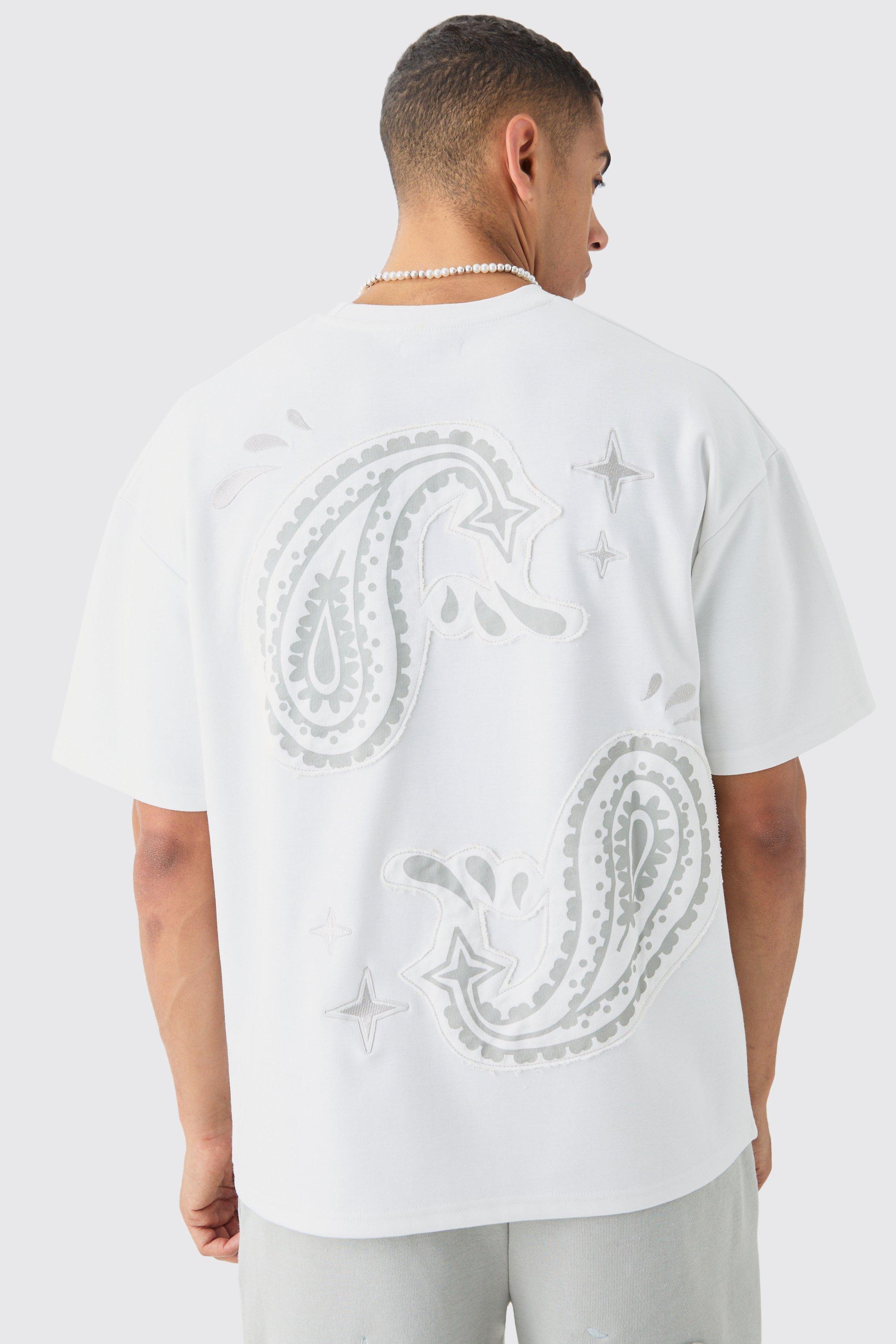 T-shirt oversize pesante in fantasia cachemire con applique in tessuto, Bianco