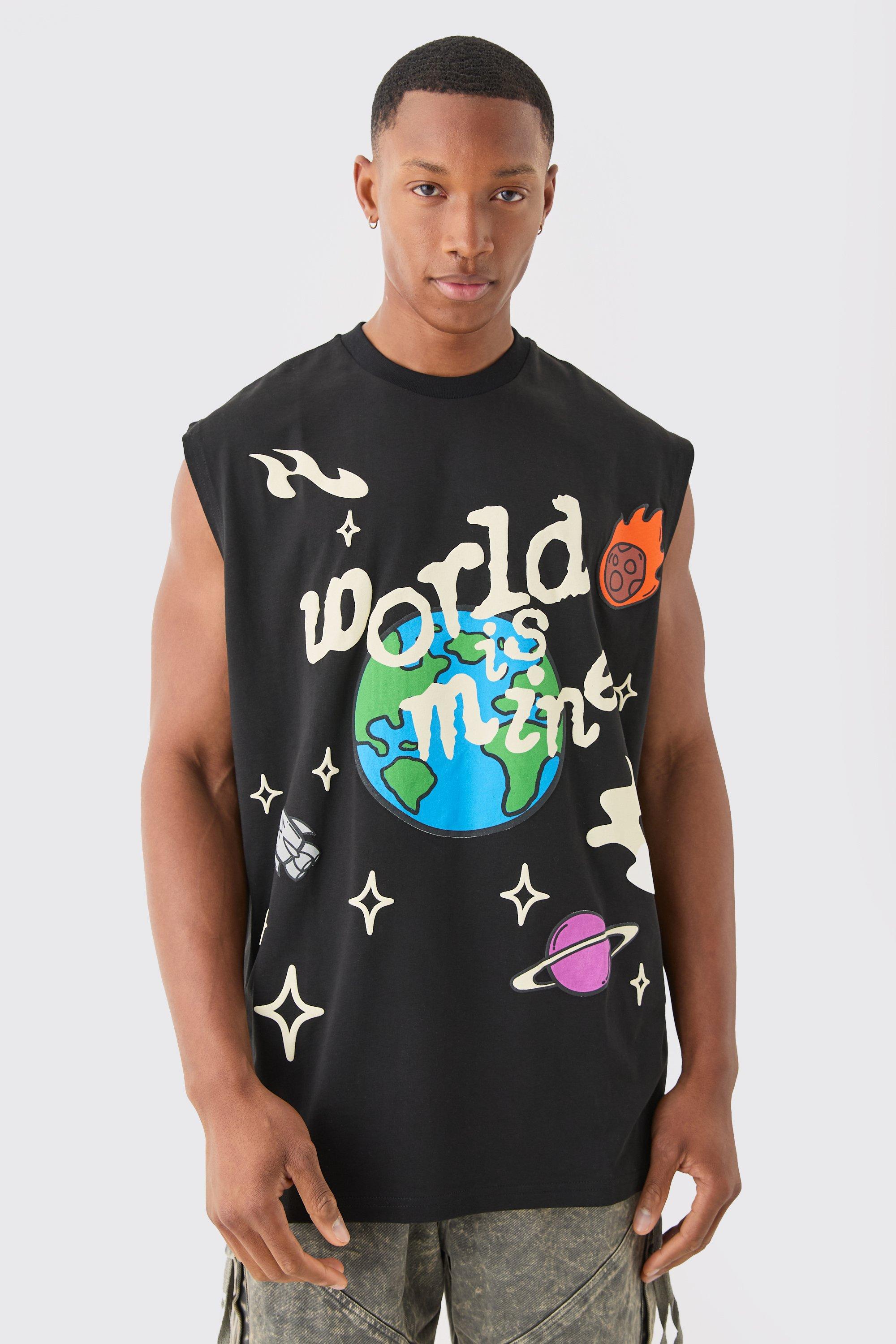 Mens Black Oversized World Is Mine Puff Print vest, Black