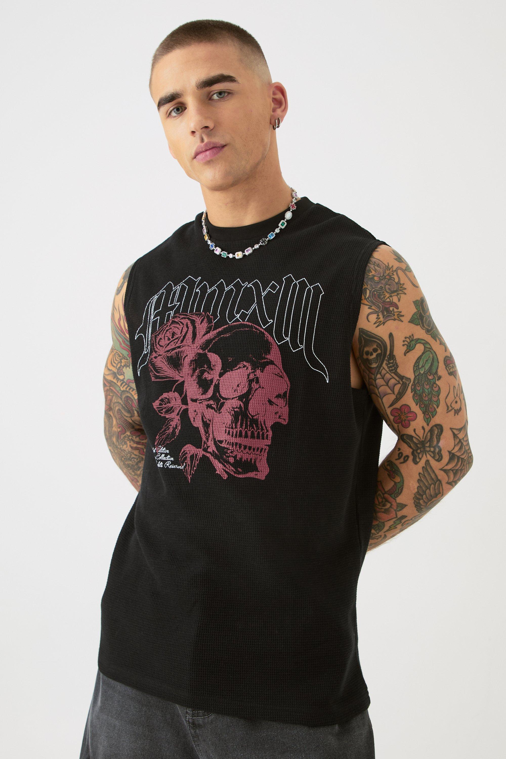 Mens Black Gothic Renaissance Skull And Rose Waffle Printed vest, Black