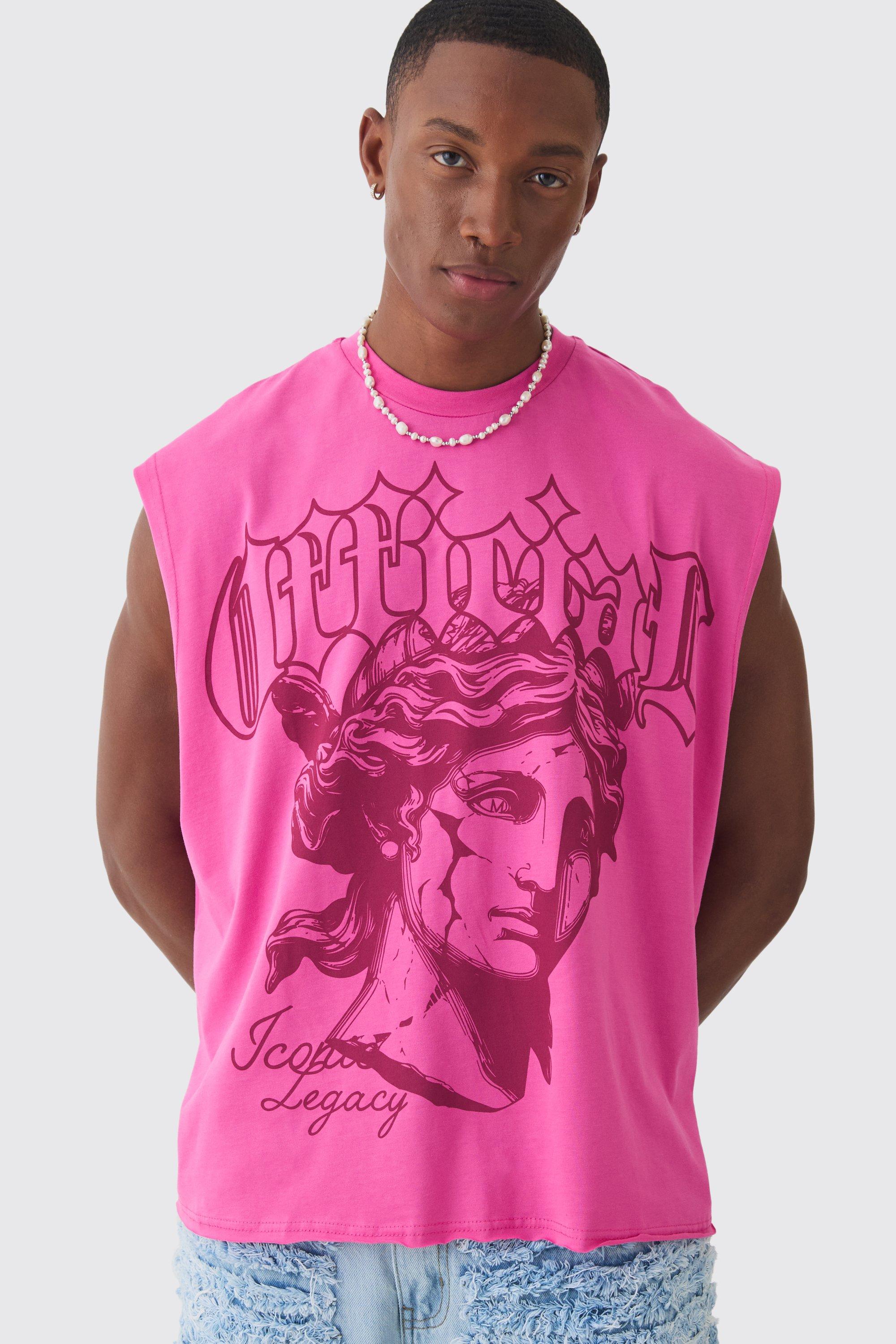 Mens Pink Oversized Boxy Raw Hem Renaissance Official Printed vest, Pink