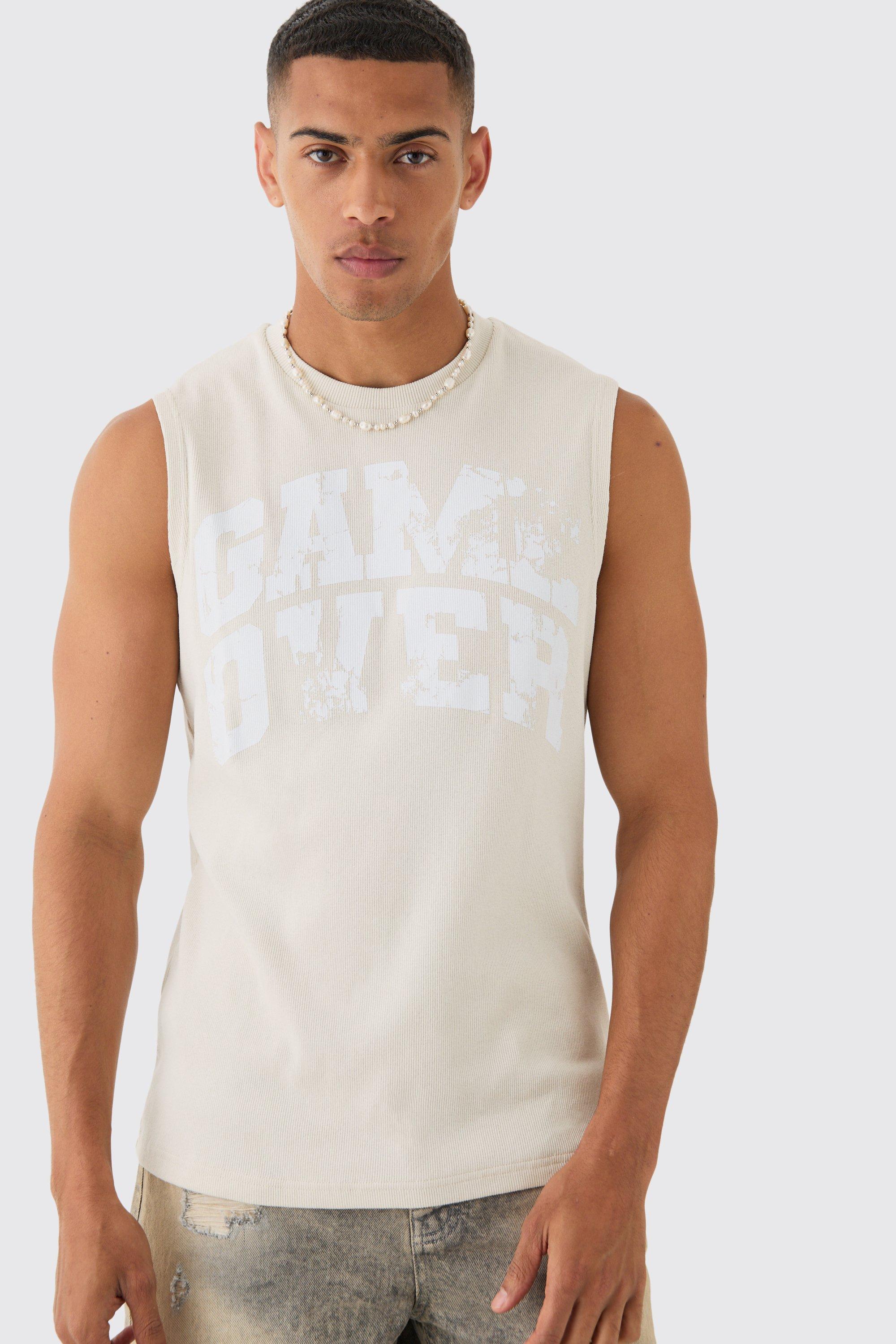 Image of Game Over Printed Ribbed Tank, Beige