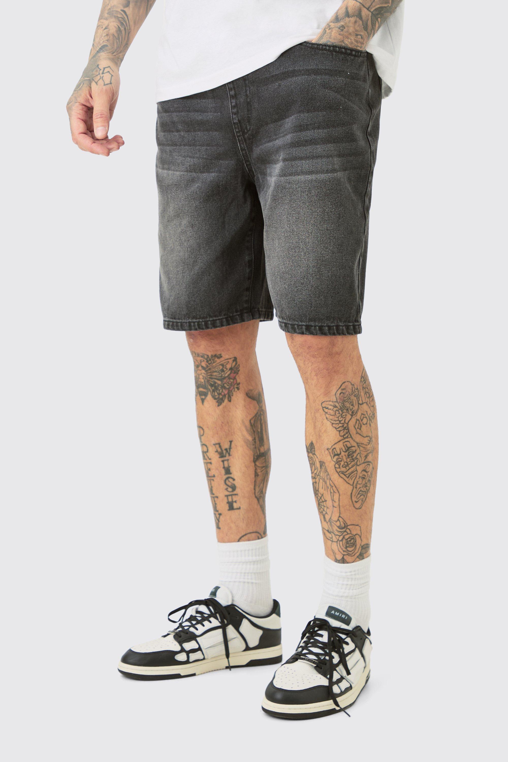 Mens Tall Elasticated Waist Relaxed Fit Denim Shorts In Washed Black, Black
