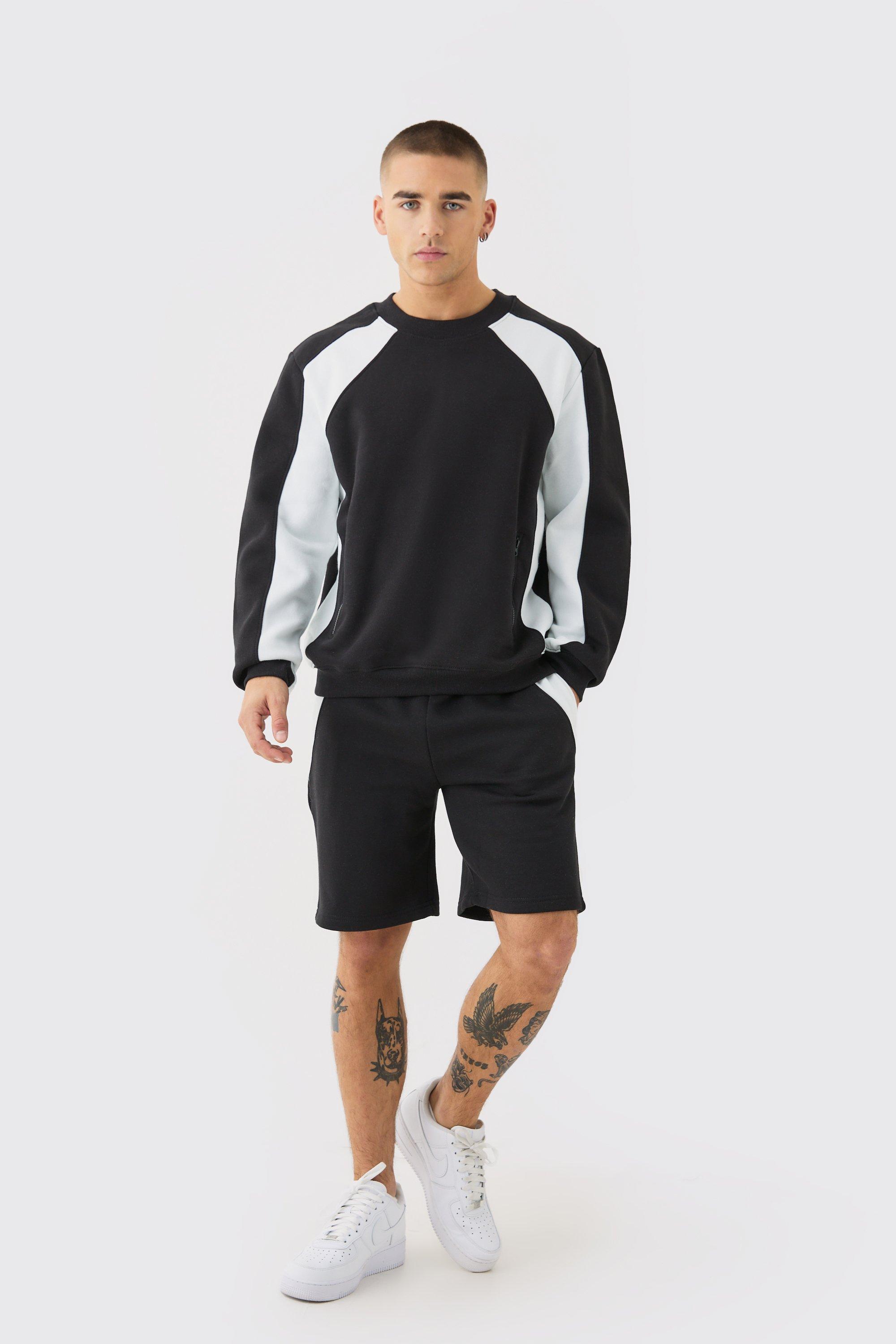 Image of Zip Detail Colour Block Sweatshirt Short Tracksuit, Bianco
