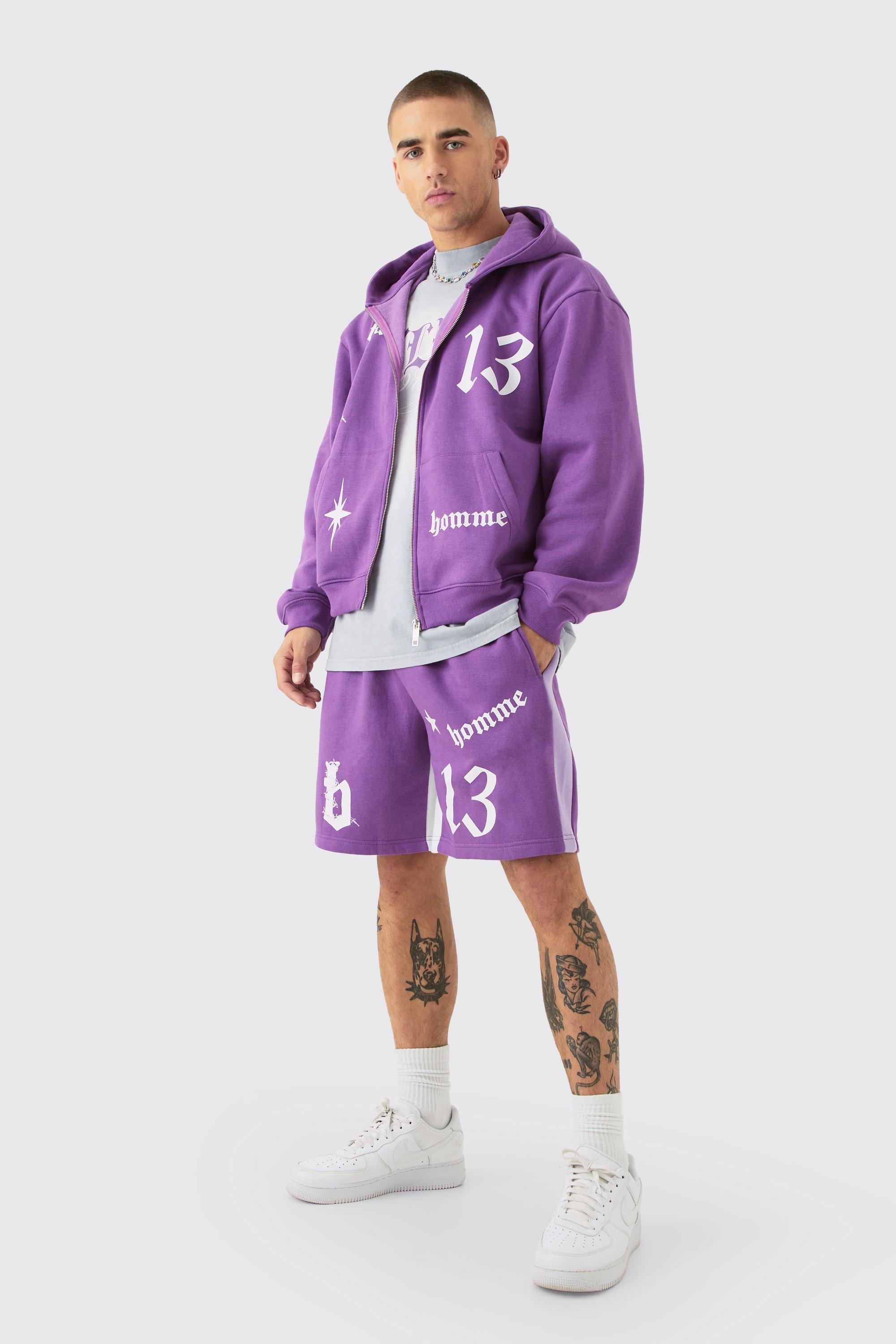 Mens Purple Oversized Boxy Hooded Gusset Short Tracksuit, Purple