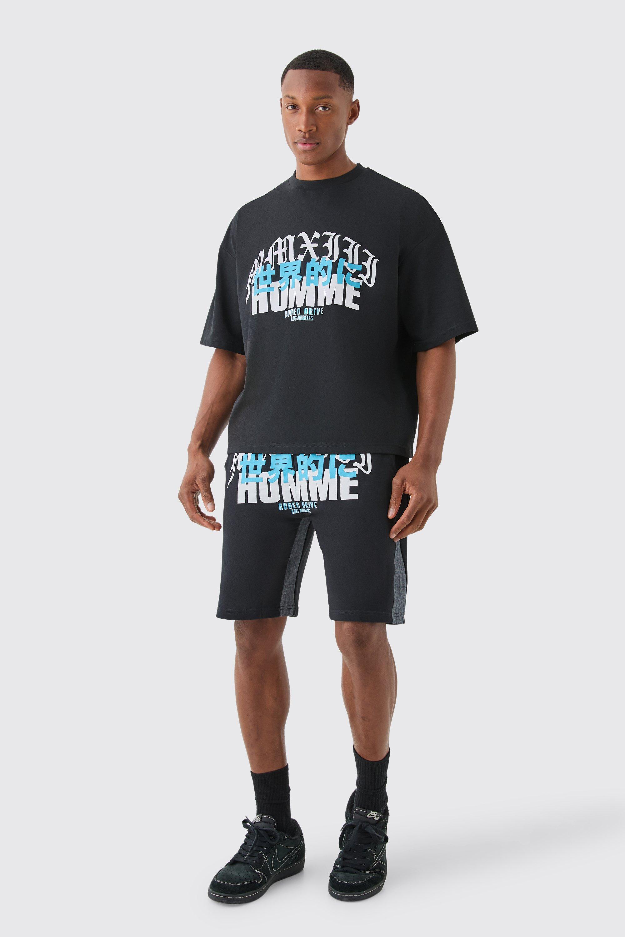 Image of Homme Print Denim Gusset T-shirt And Short Set, Nero