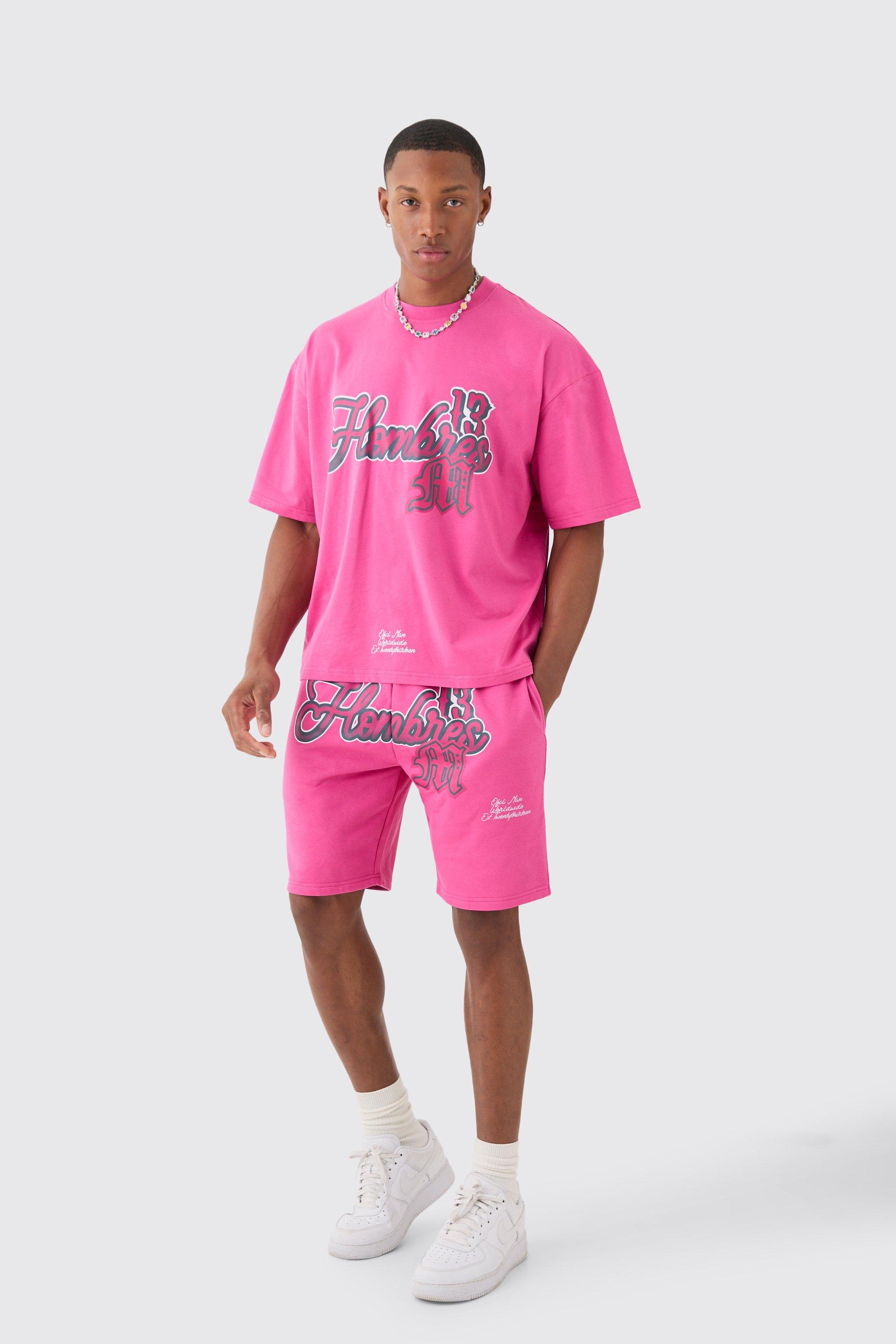 Mens Pink Oversized Boxy Homme Print T-shirt And Short Set, Pink