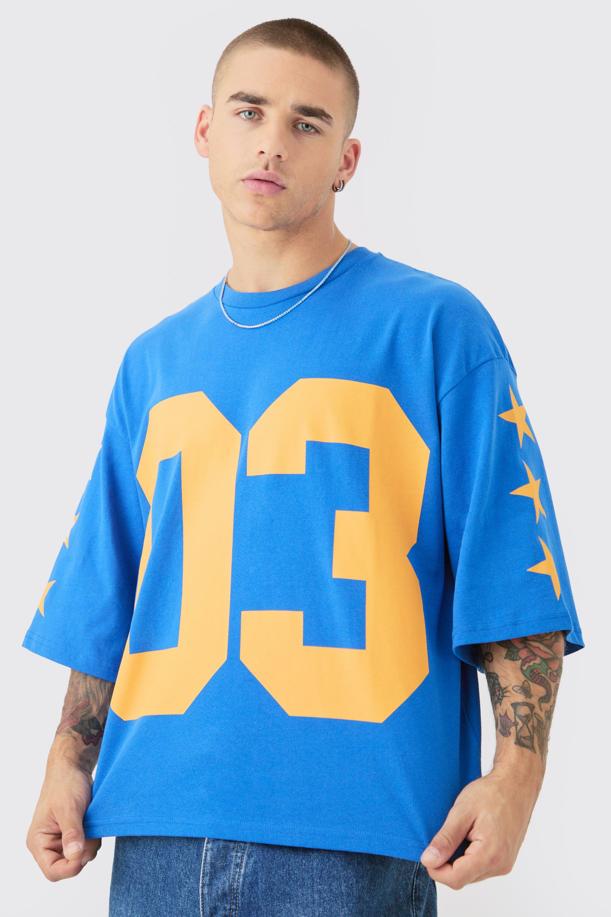 Mens Blue Oversized Boxy Varsity Half Sleeve T-shirt, Blue