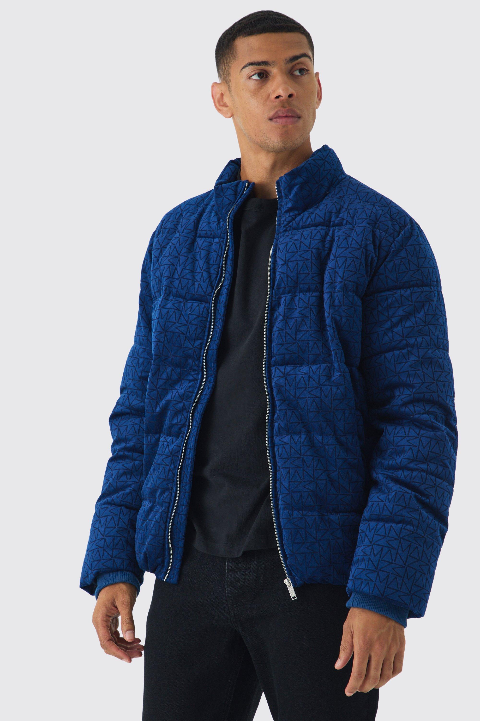 Mens Man Printed Velour Funnel Neck Puffer In Navy, Navy