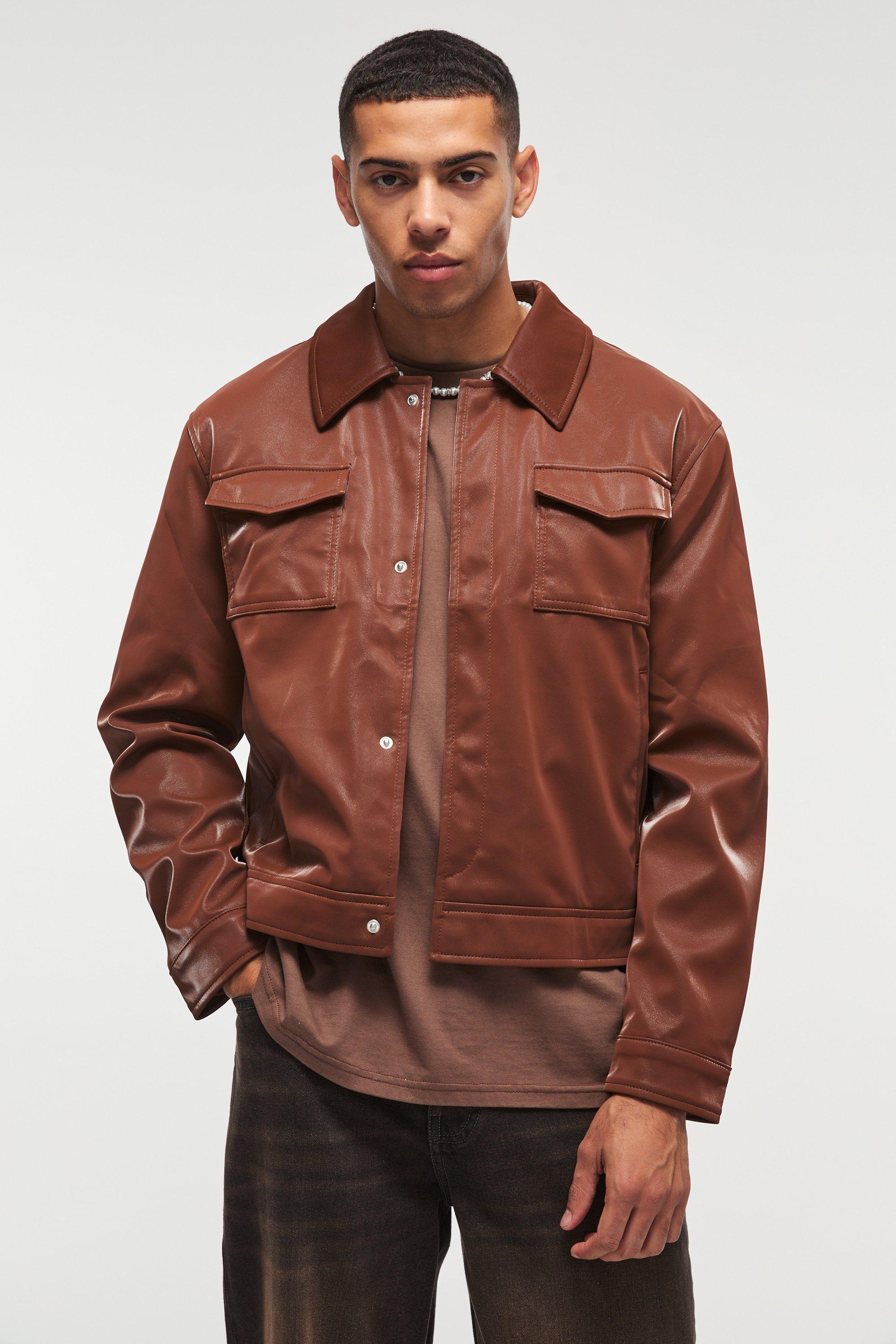 Giacca Harrington in PU extra lucida color cioccolato, Brown