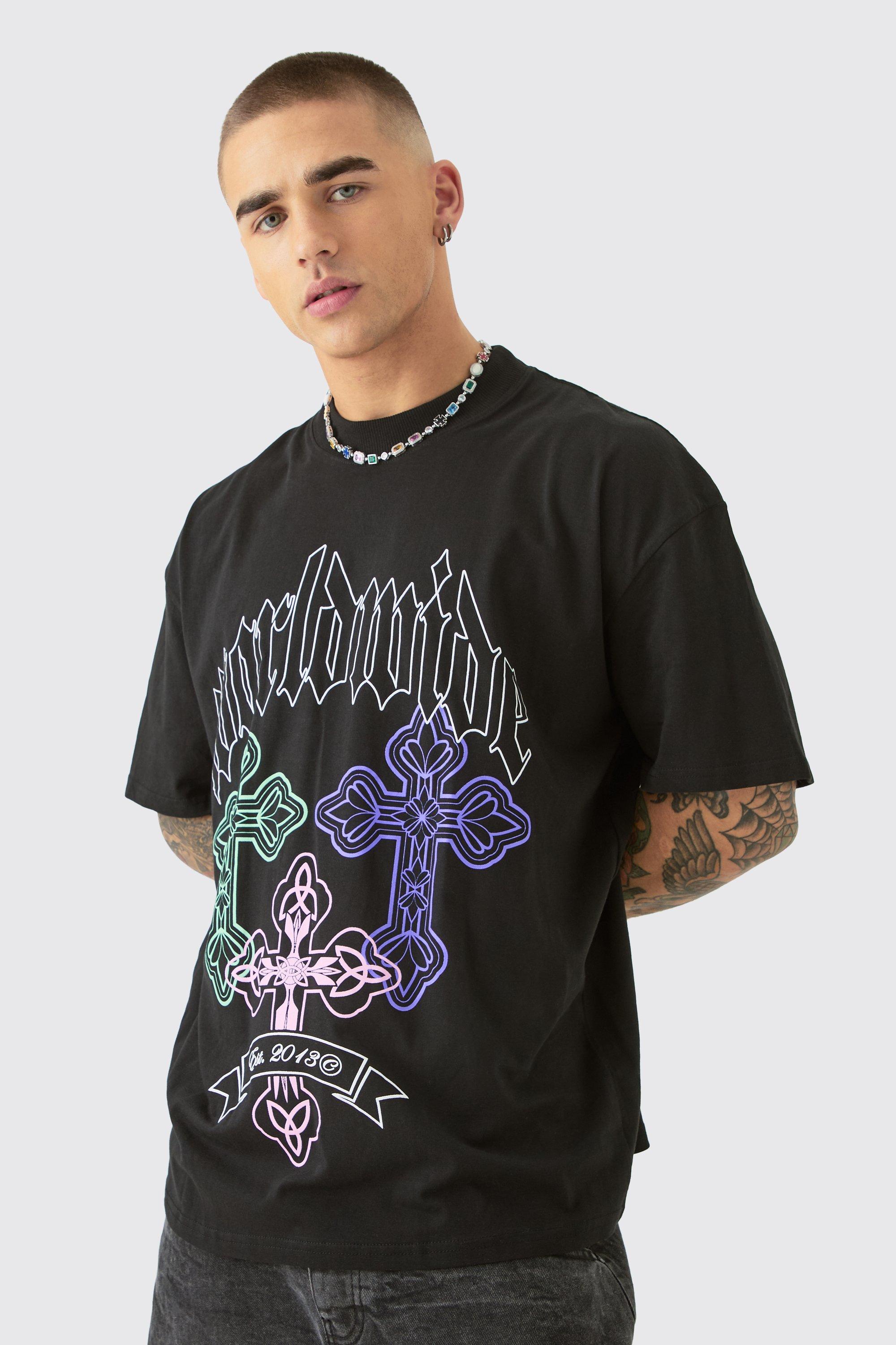 Mens Black Oversized Gothic Cross Print T-shirt, Black