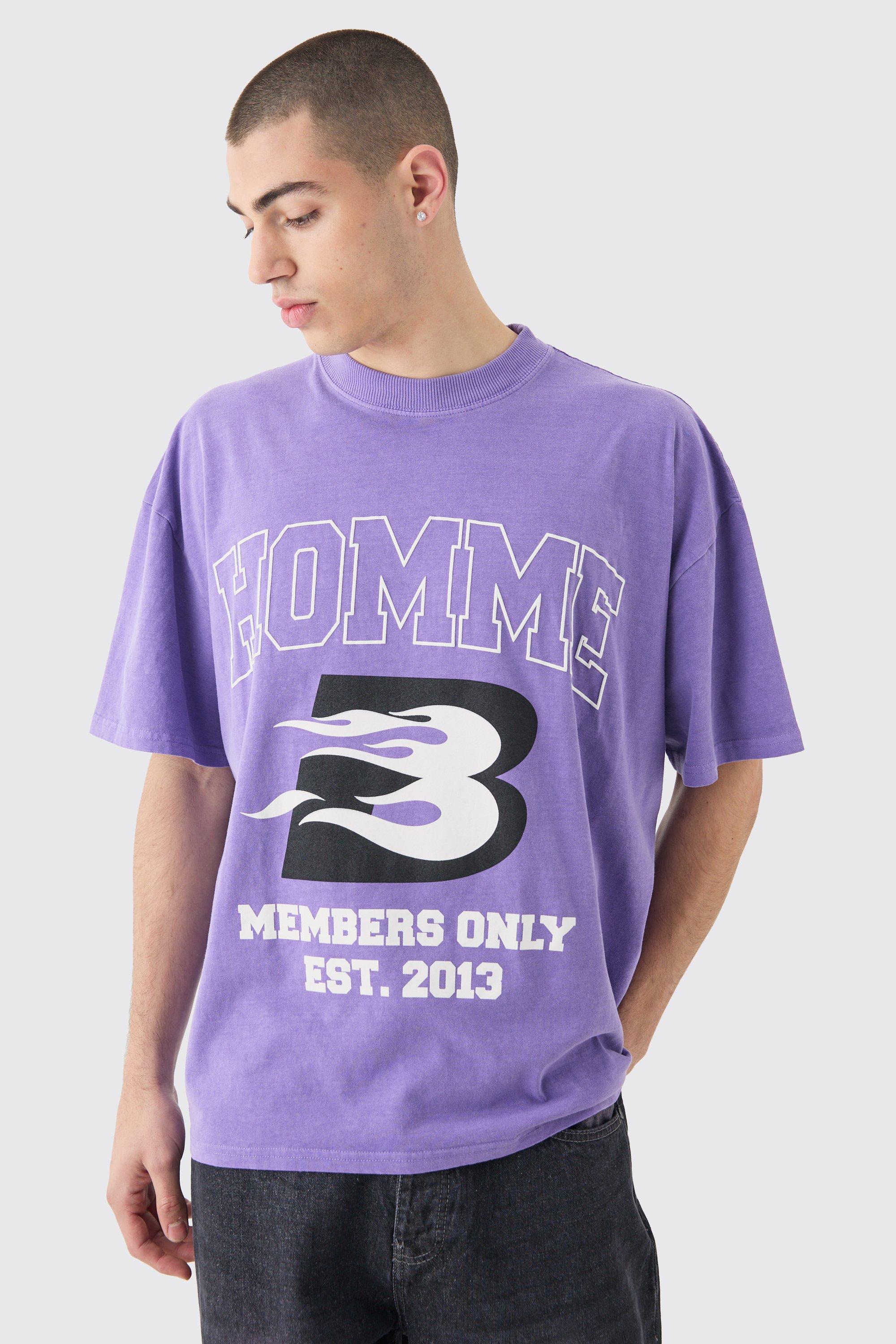 Image of T-shirt oversize slavata con stampa Homme Moto, Purple