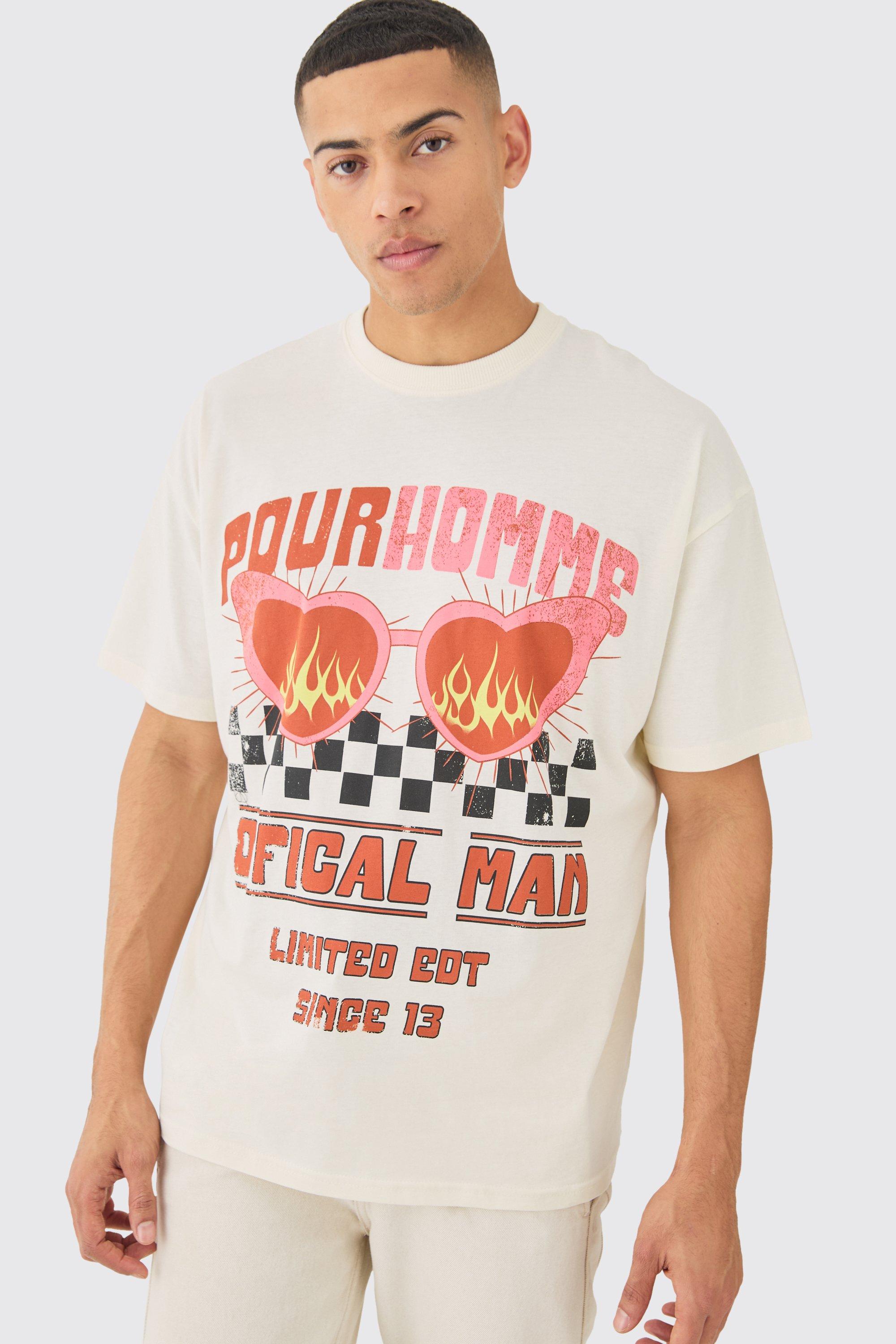 Image of T-shirt oversize con stampa di moto e cuore, Cream
