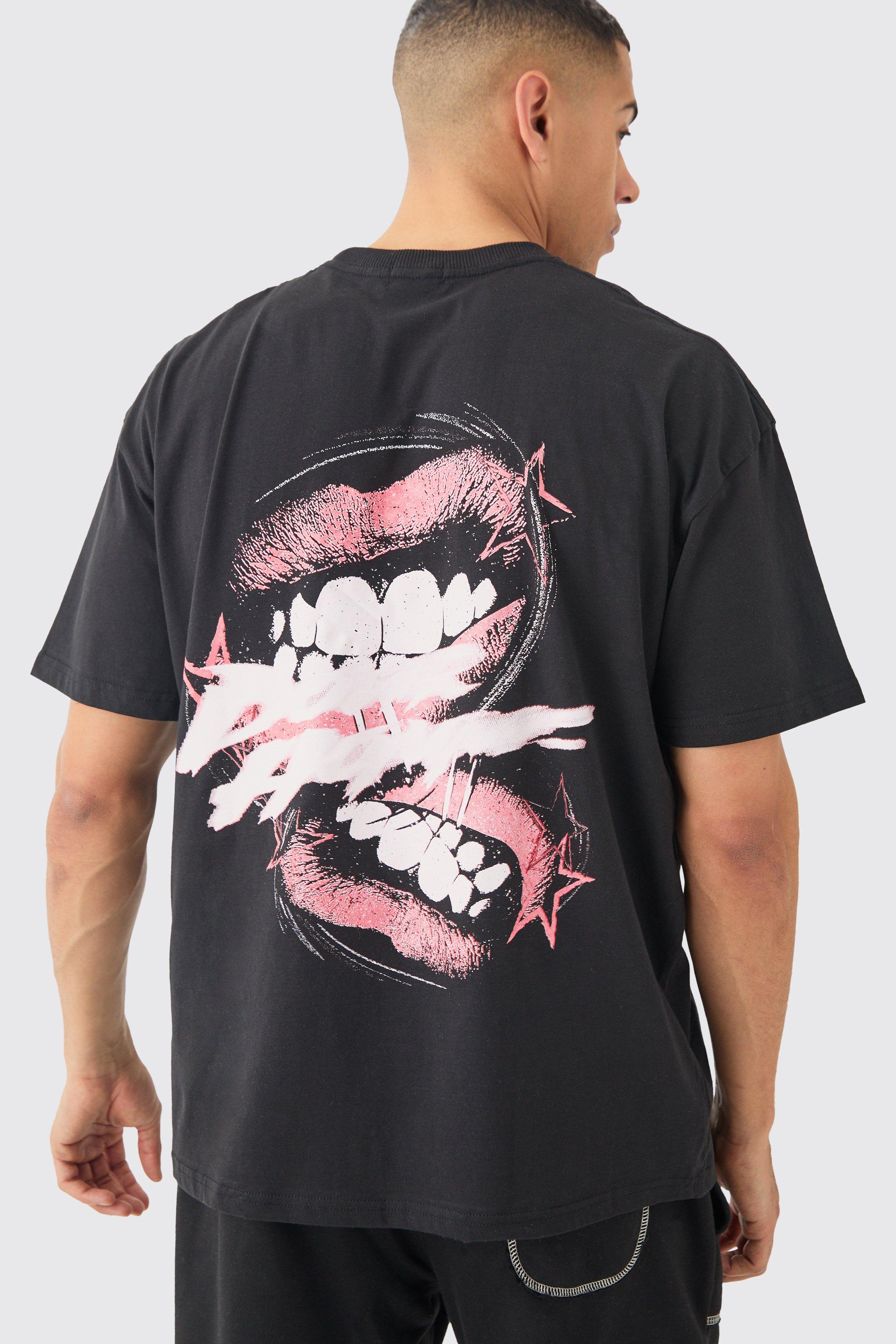 Image of T-shirt oversize con grafica di labbra, Nero