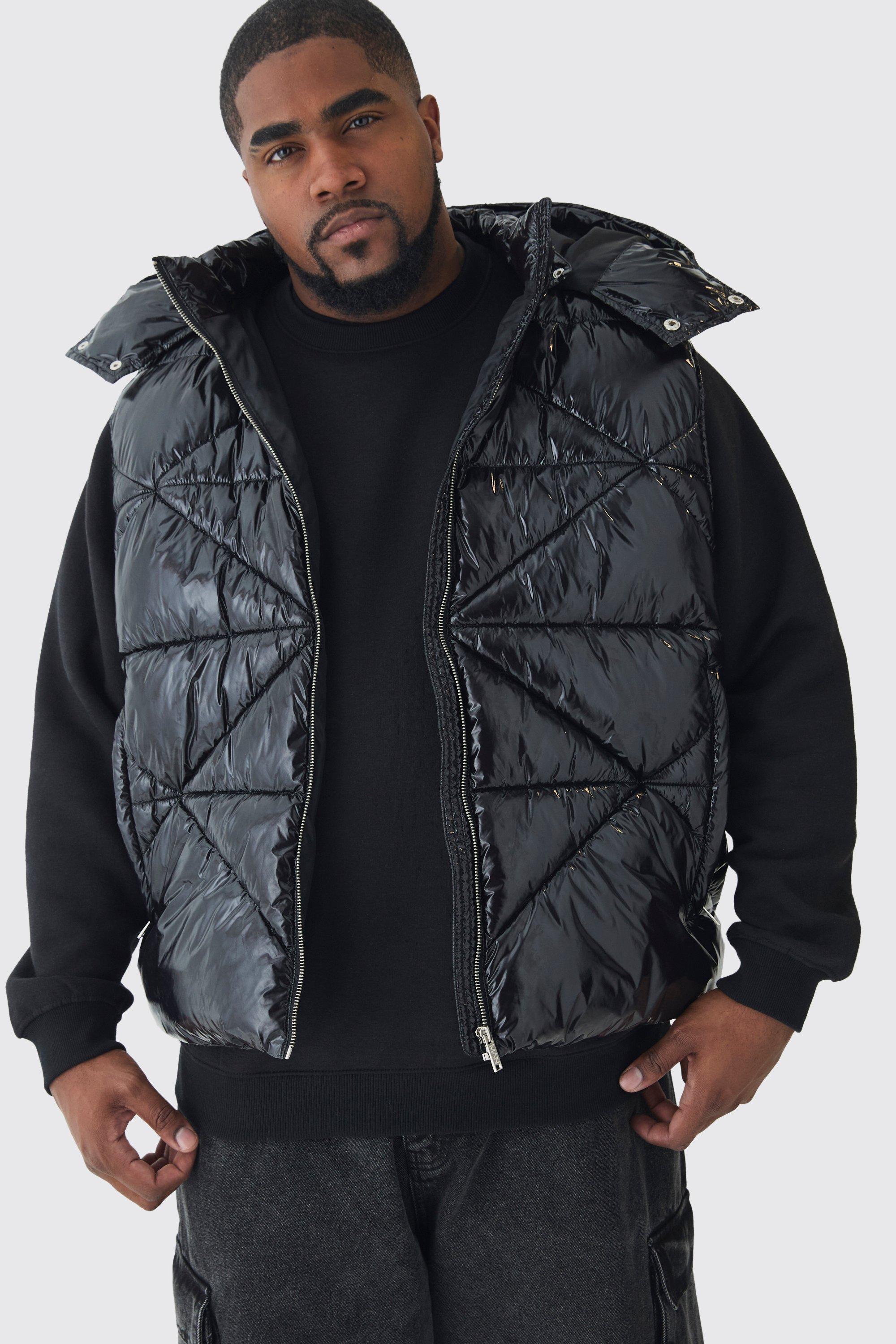 Mens Plus Quilted High Shine Vinyl Hooded Gilet In Black, Black