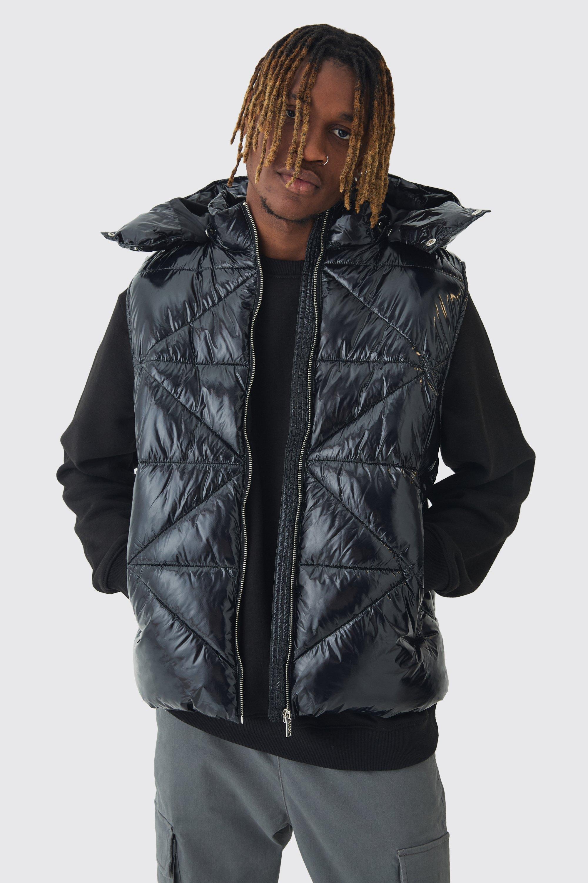 Mens Tall Quilted High Shine Vinyl Hooded Gilet In Black, Black