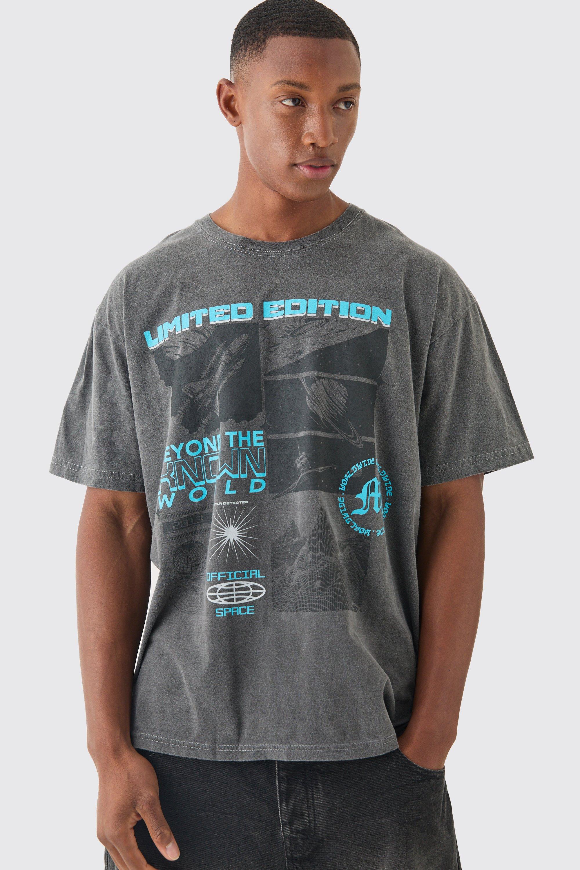 Mens Grey Oversized Wash Limited Edition Space T-shirt, Grey