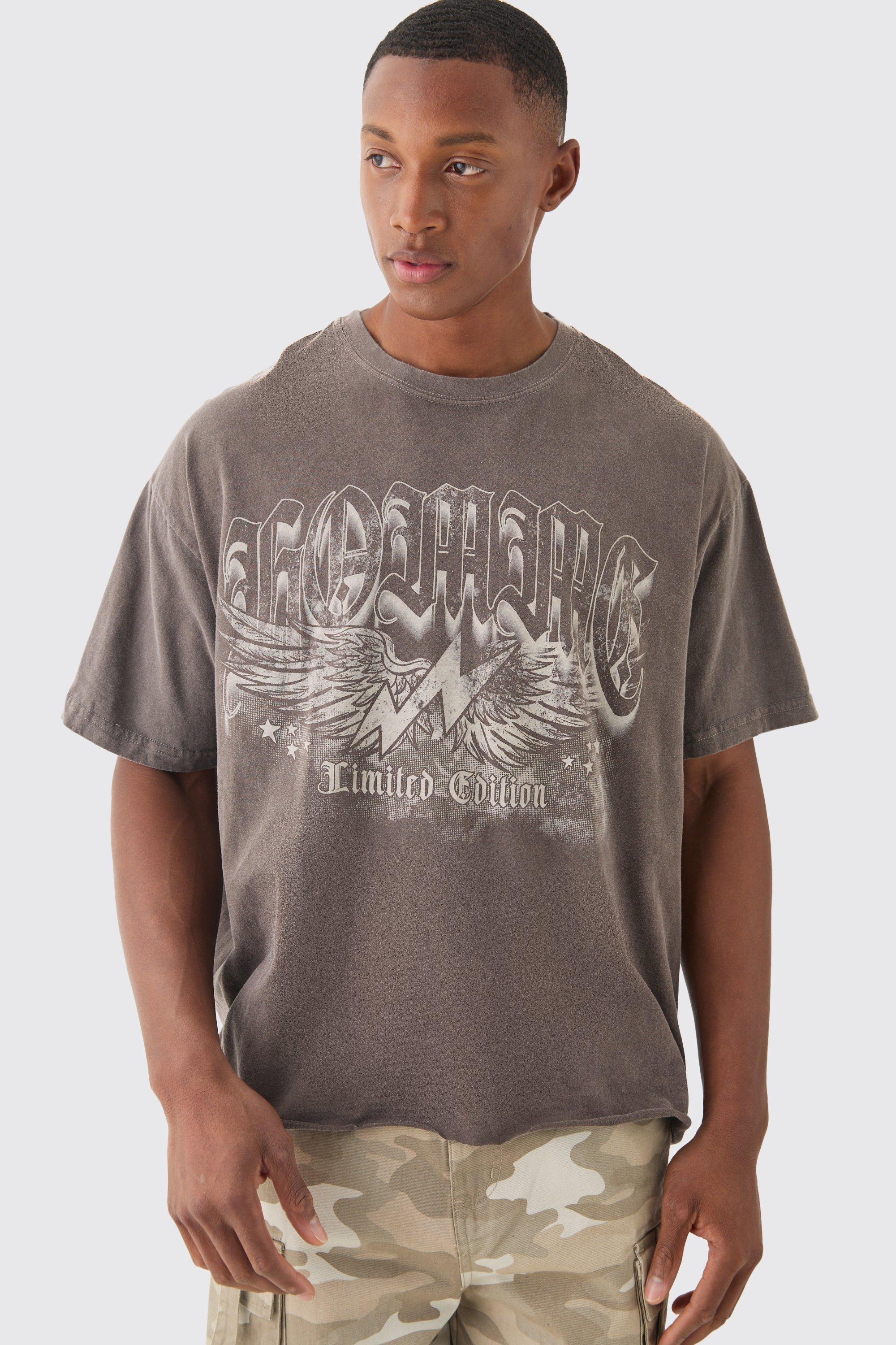 Image of Oversized Boxy Raw Hem Homme Eagle Wing Wash T-shirt, Brown