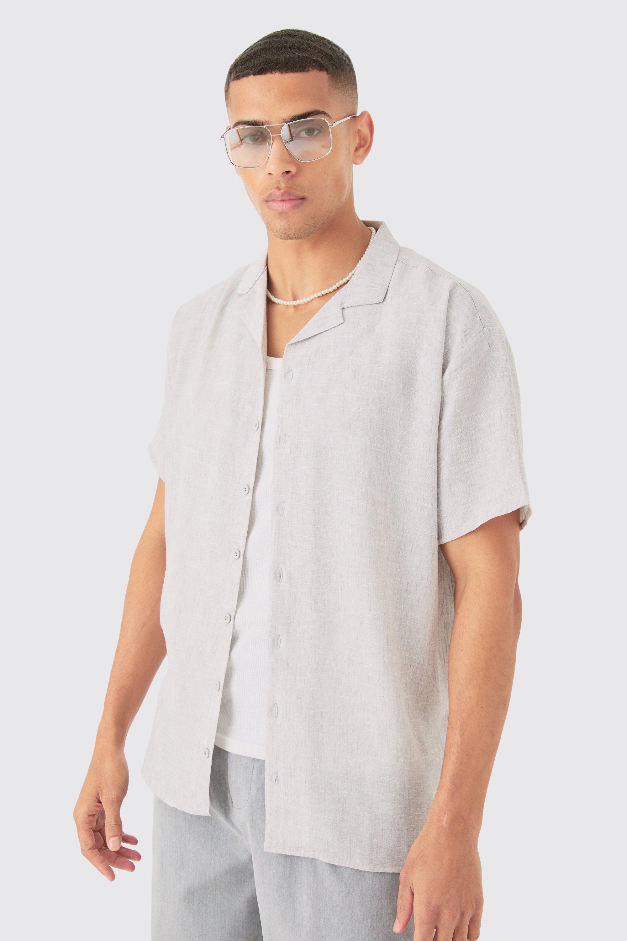 Mens Grey Oversized Linen Look Revere Shirt, Grey