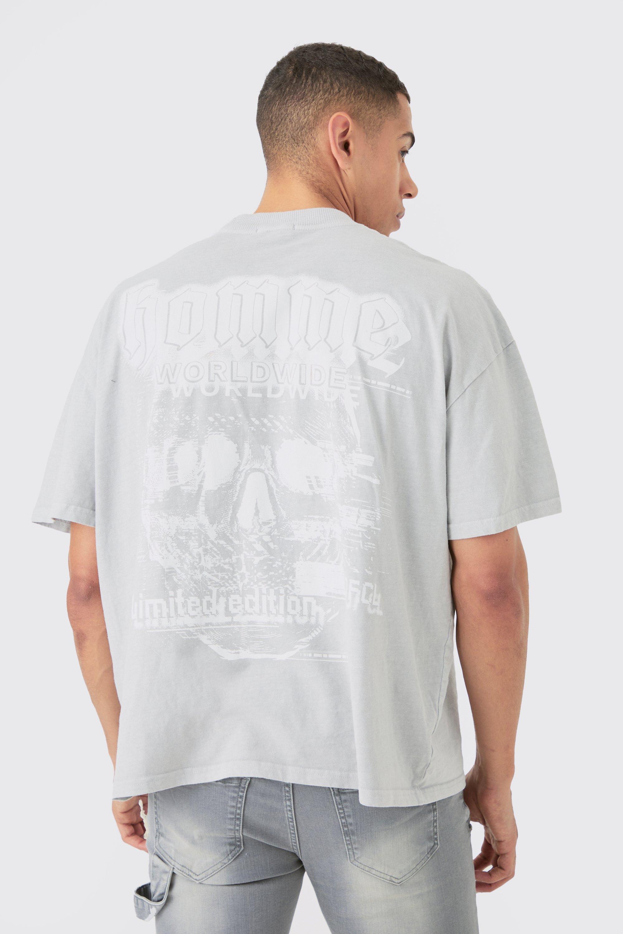 Image of Oversized Wash Homme Skull Print T-shirt, Grigio