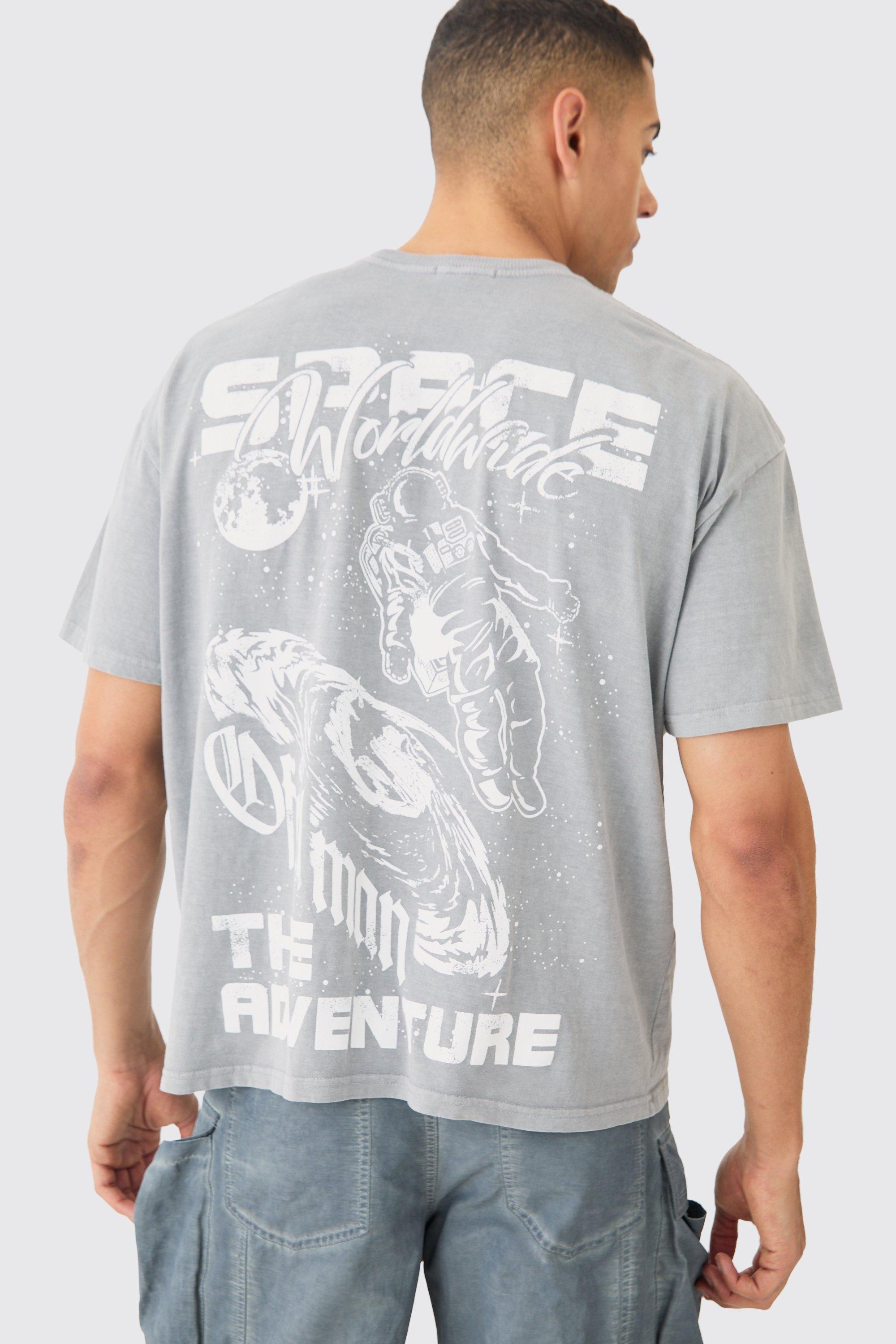 Image of Oversized Wash Space Graphic T-shirt, Grigio