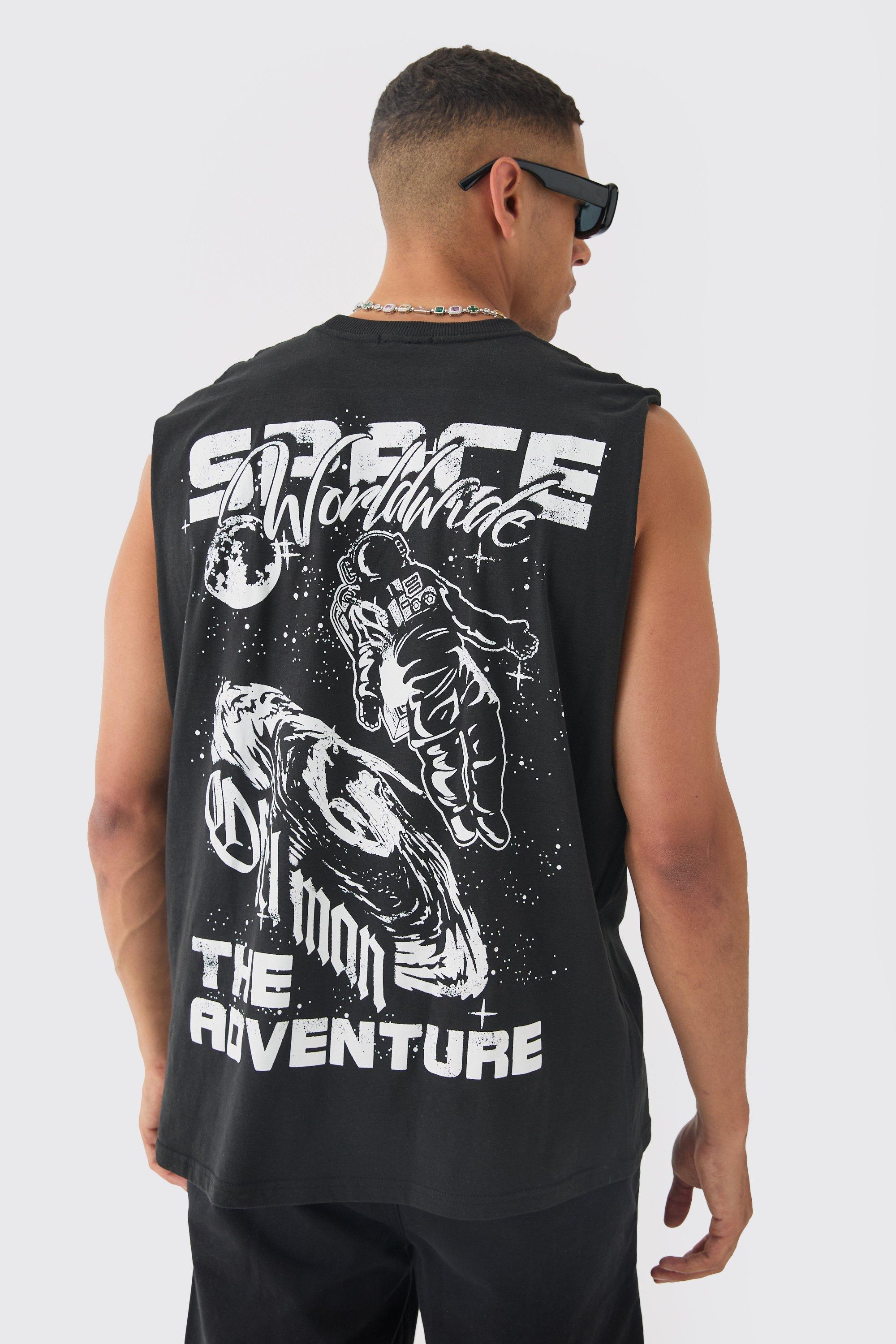 Mens Black Oversized Space Graphic vest, Black