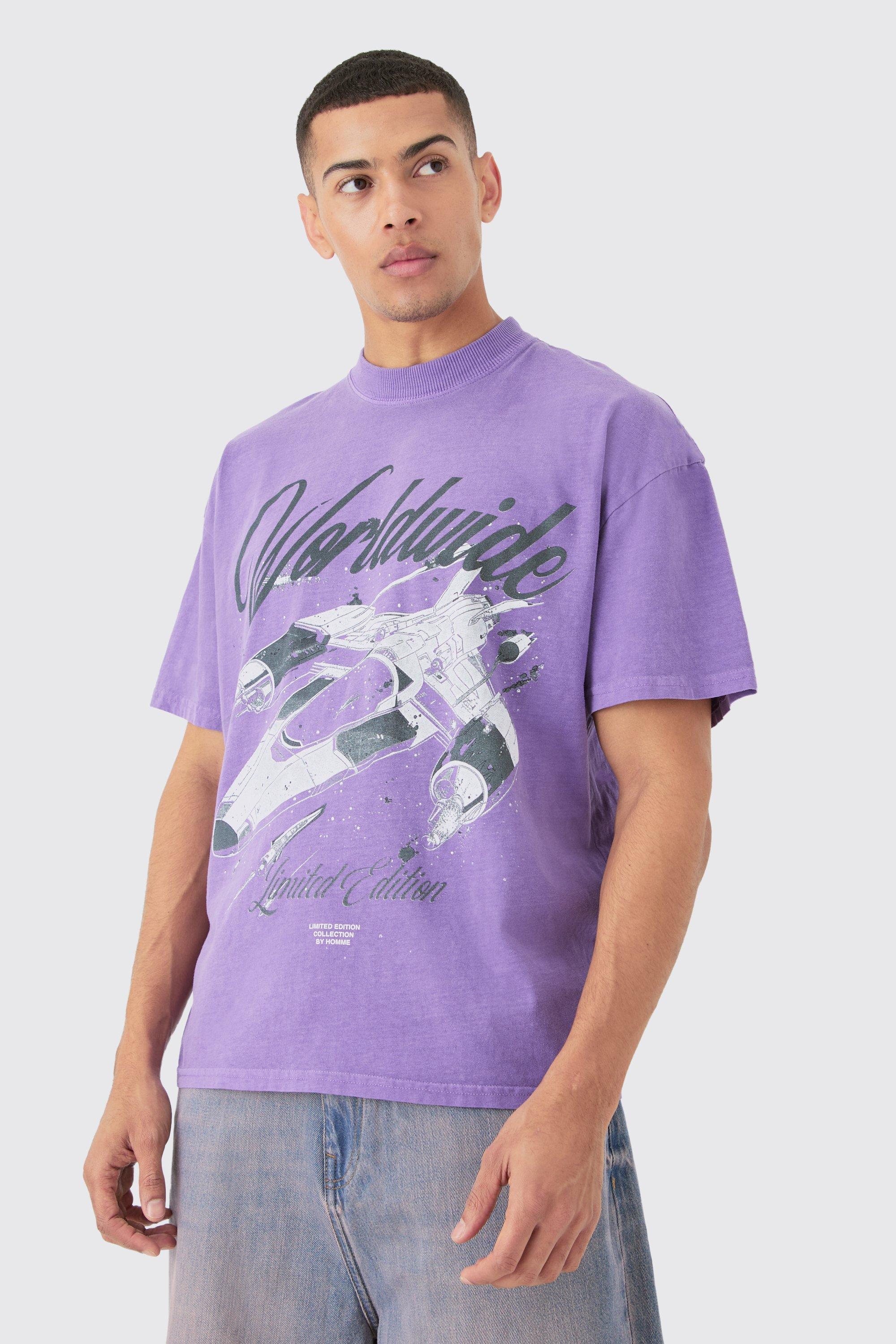 Image of Oversized Spaceship Graphic Wash T-shirt, Purple
