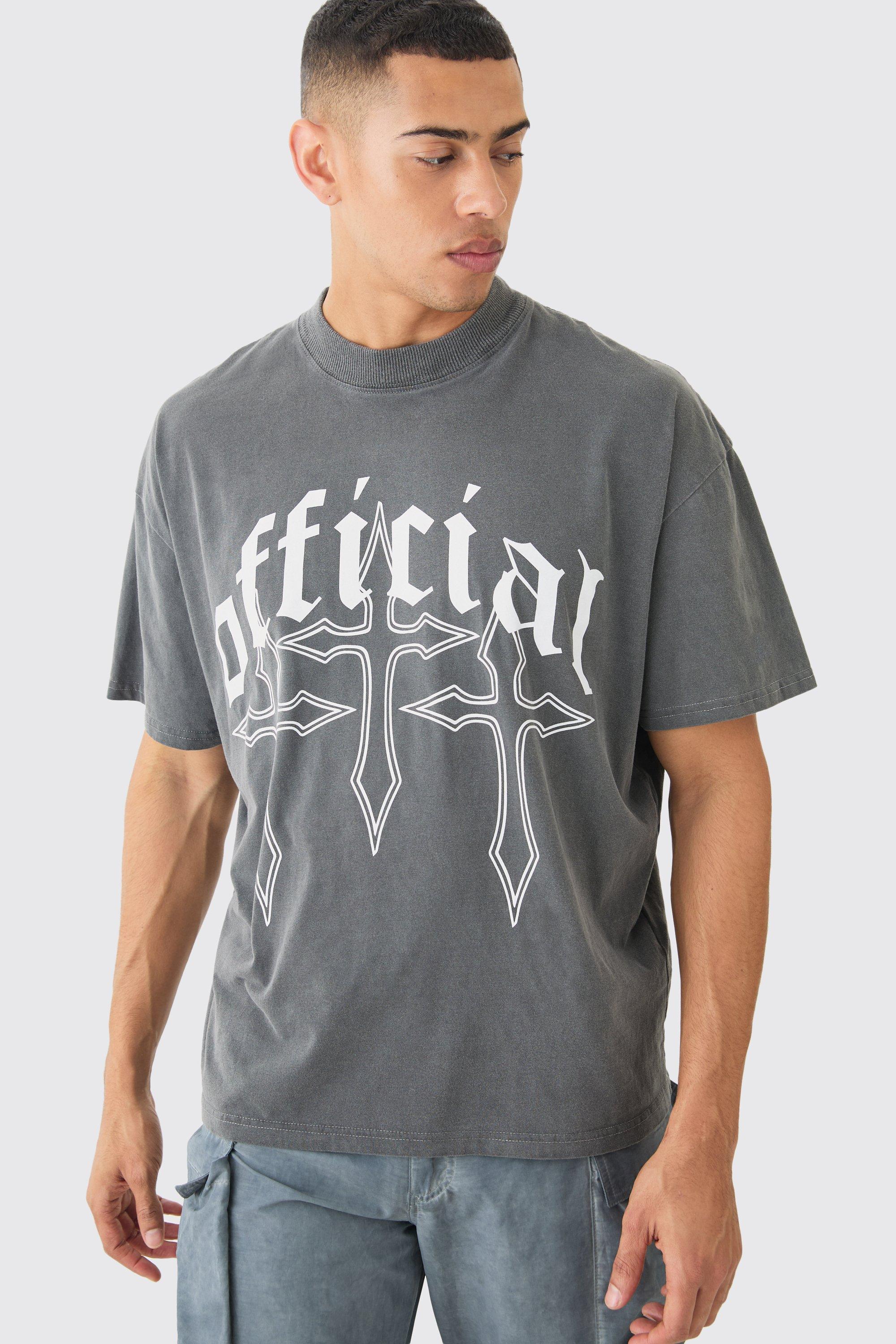 Image of Oversized Washed Official Cross Print T-shirt, Grigio