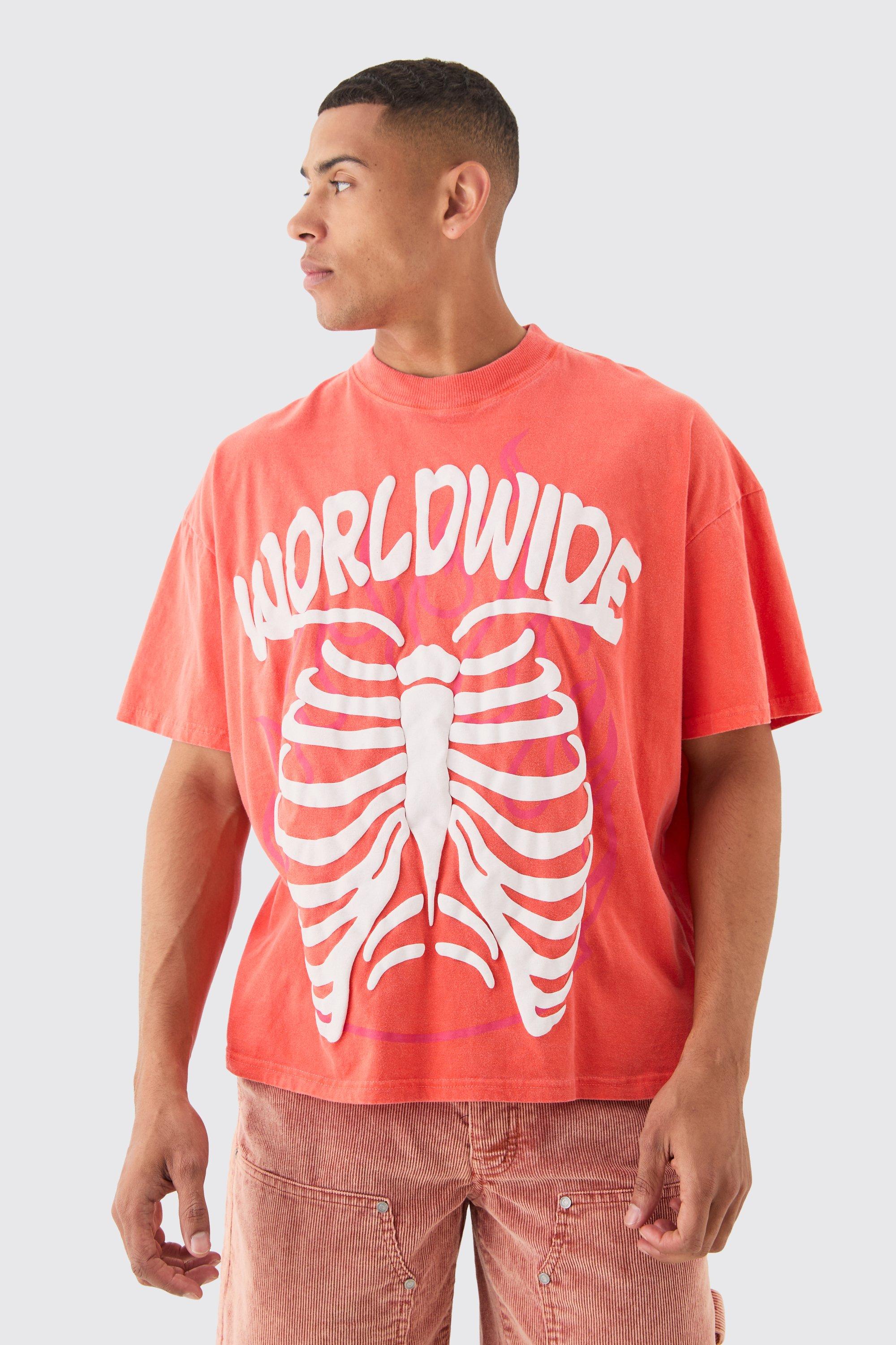 Image of Oversized Washed Extended Neck Rib Cage T-shirt, Rosso