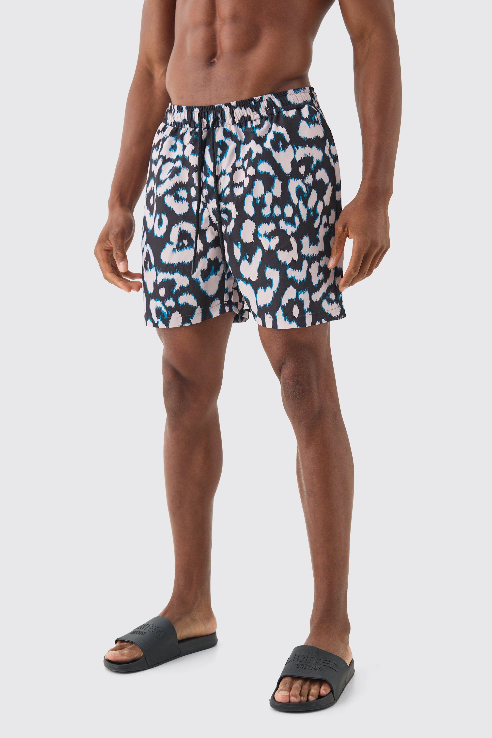 Mens Black Mid Length Leopard Swim Short, Black