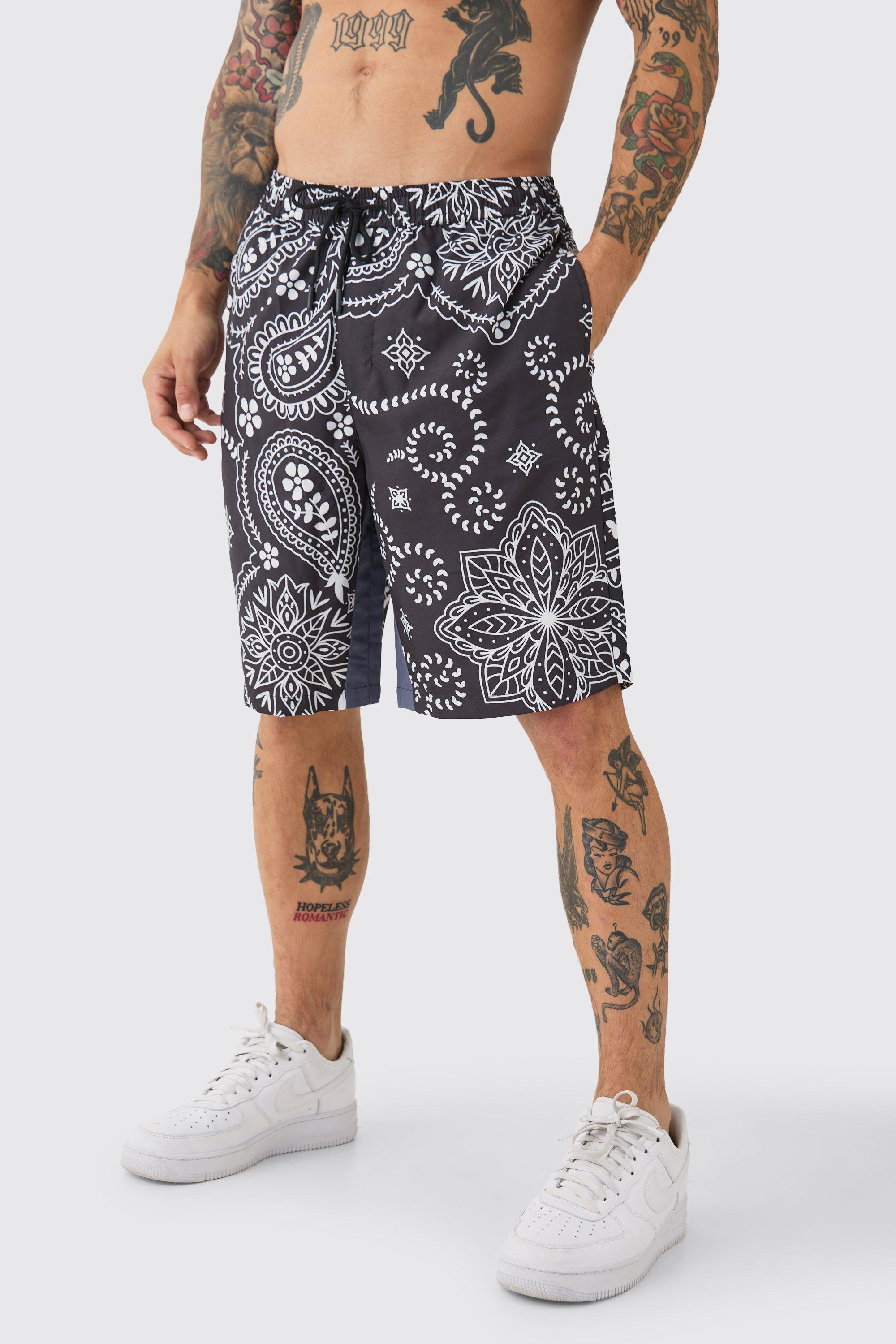 Mens Black Mid Length Paisley Print Gusset Board Swim Short, Black