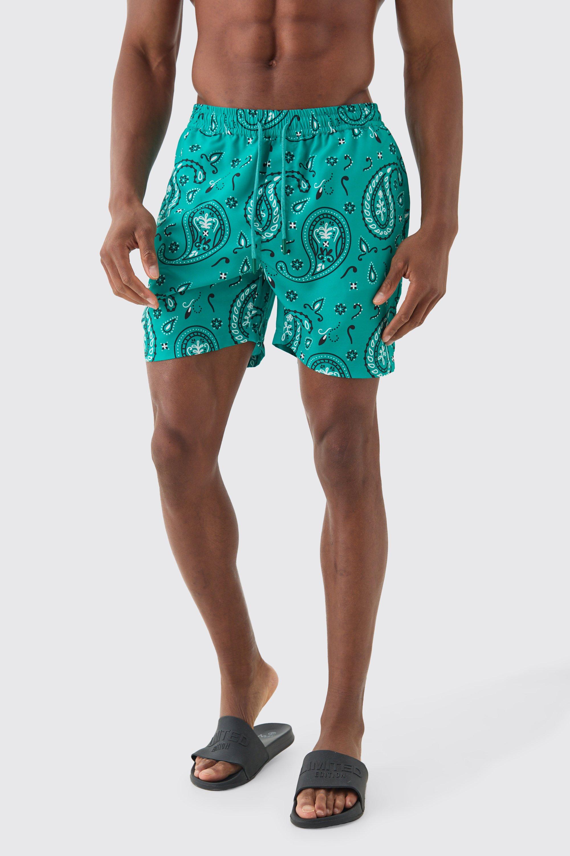 Mens Green Mid Length Bandana Print Swim Short, Green