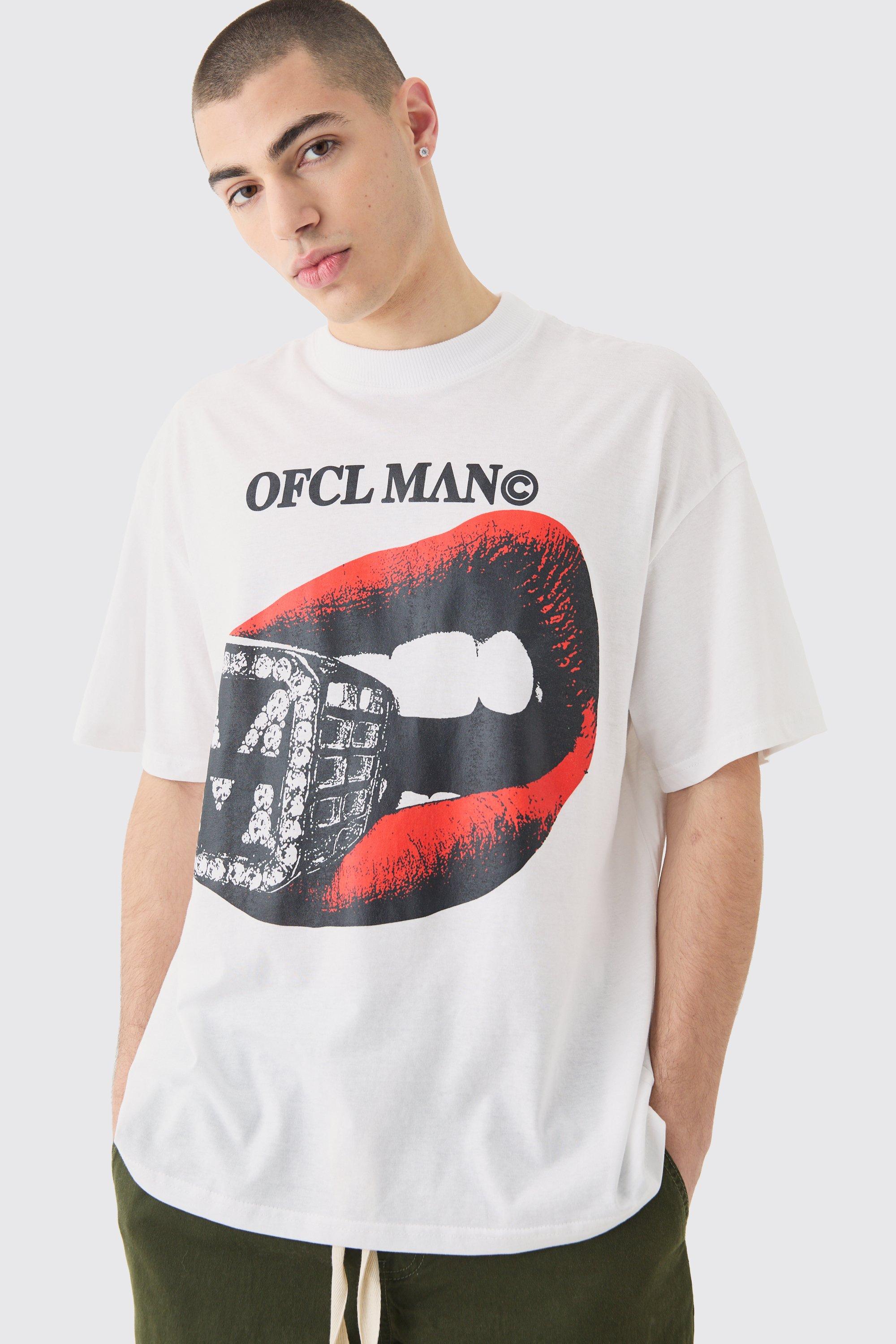 Image of T-shirt oversize con stampa di labbra Odcl, Bianco