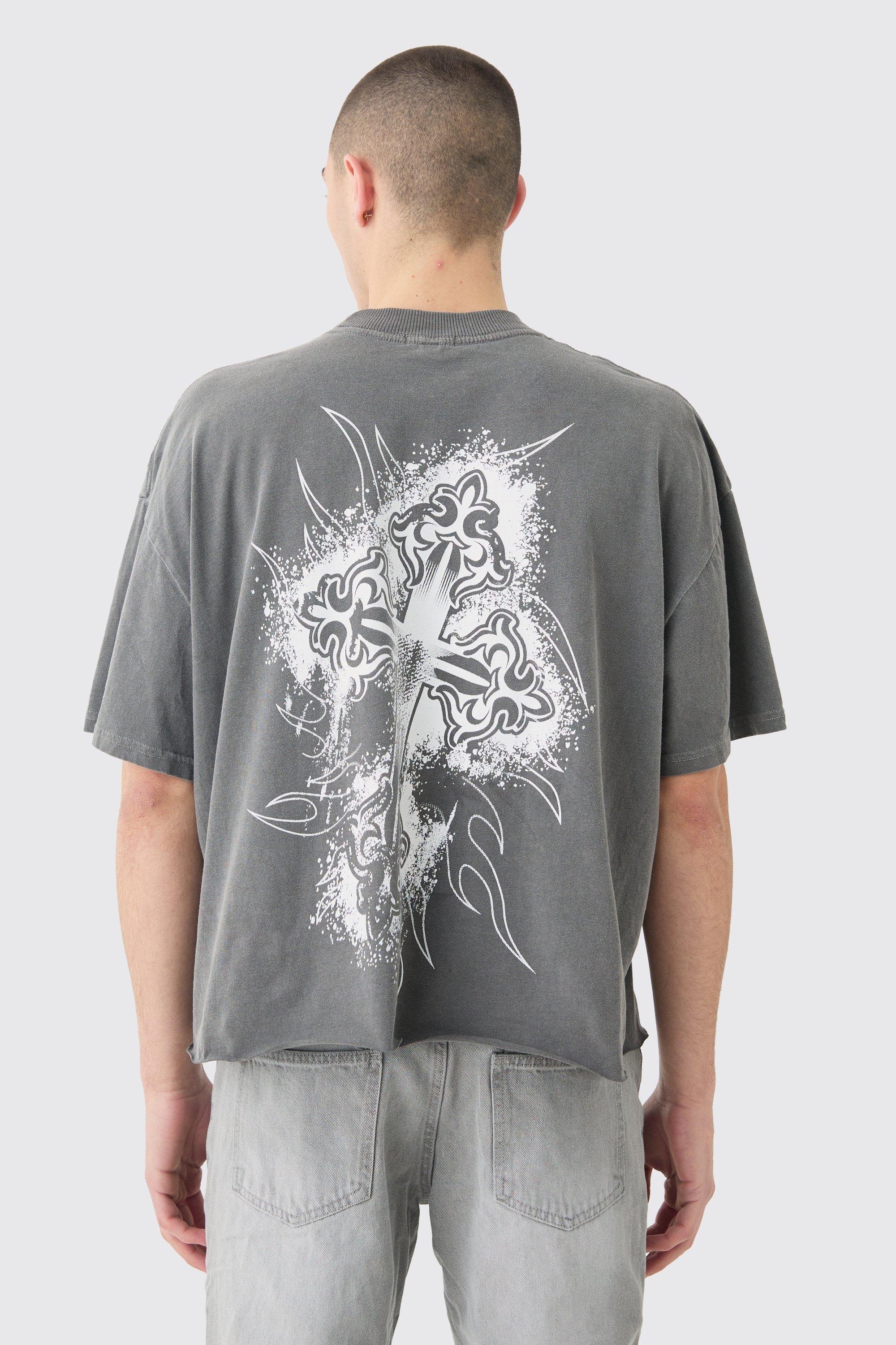 Image of T-shirt squadrata oversize slavata con stampa incrociata e fondo grezzo, Grigio