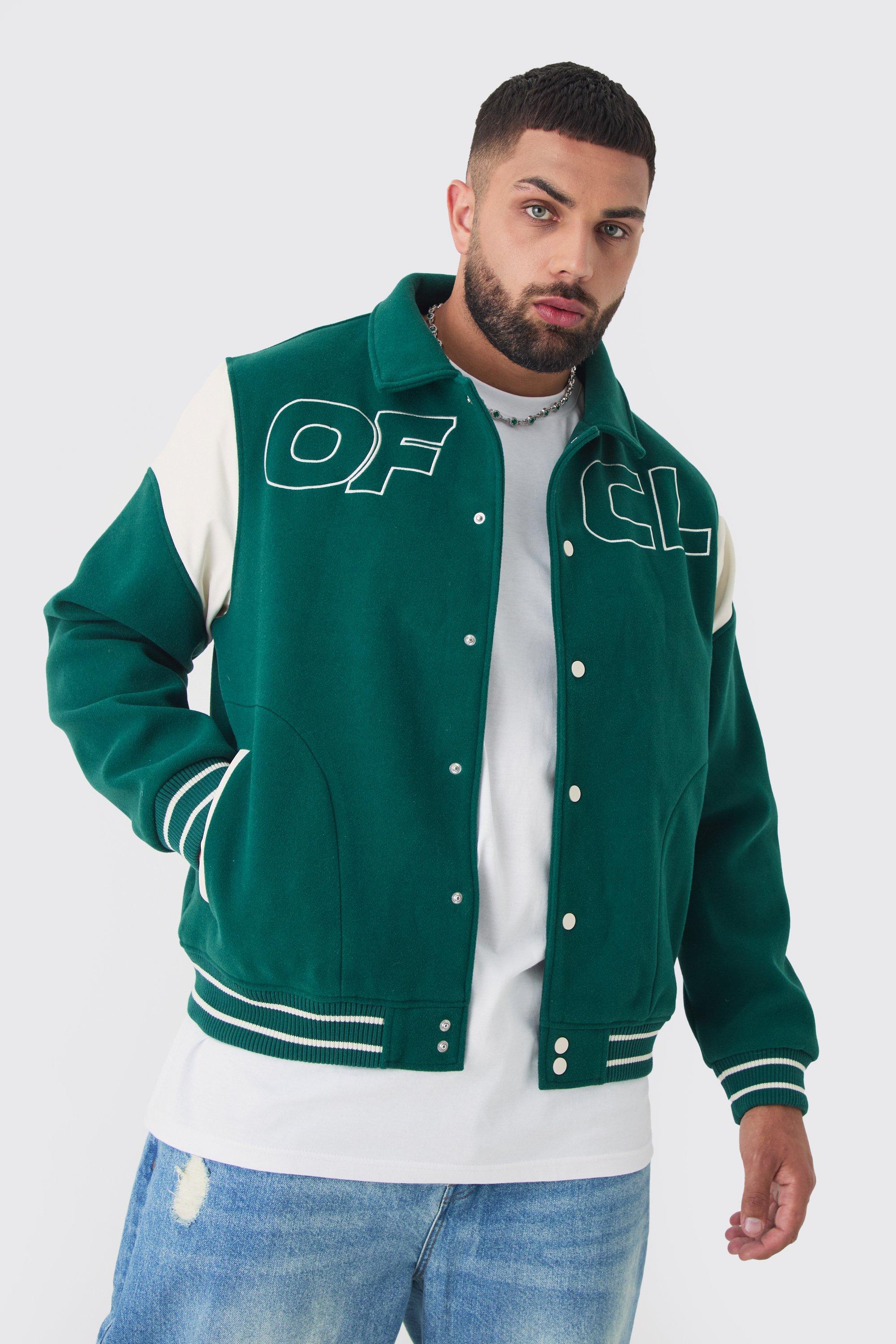 Giacca Plus Size Ofcl stile Varsity verde con colletto, Verde