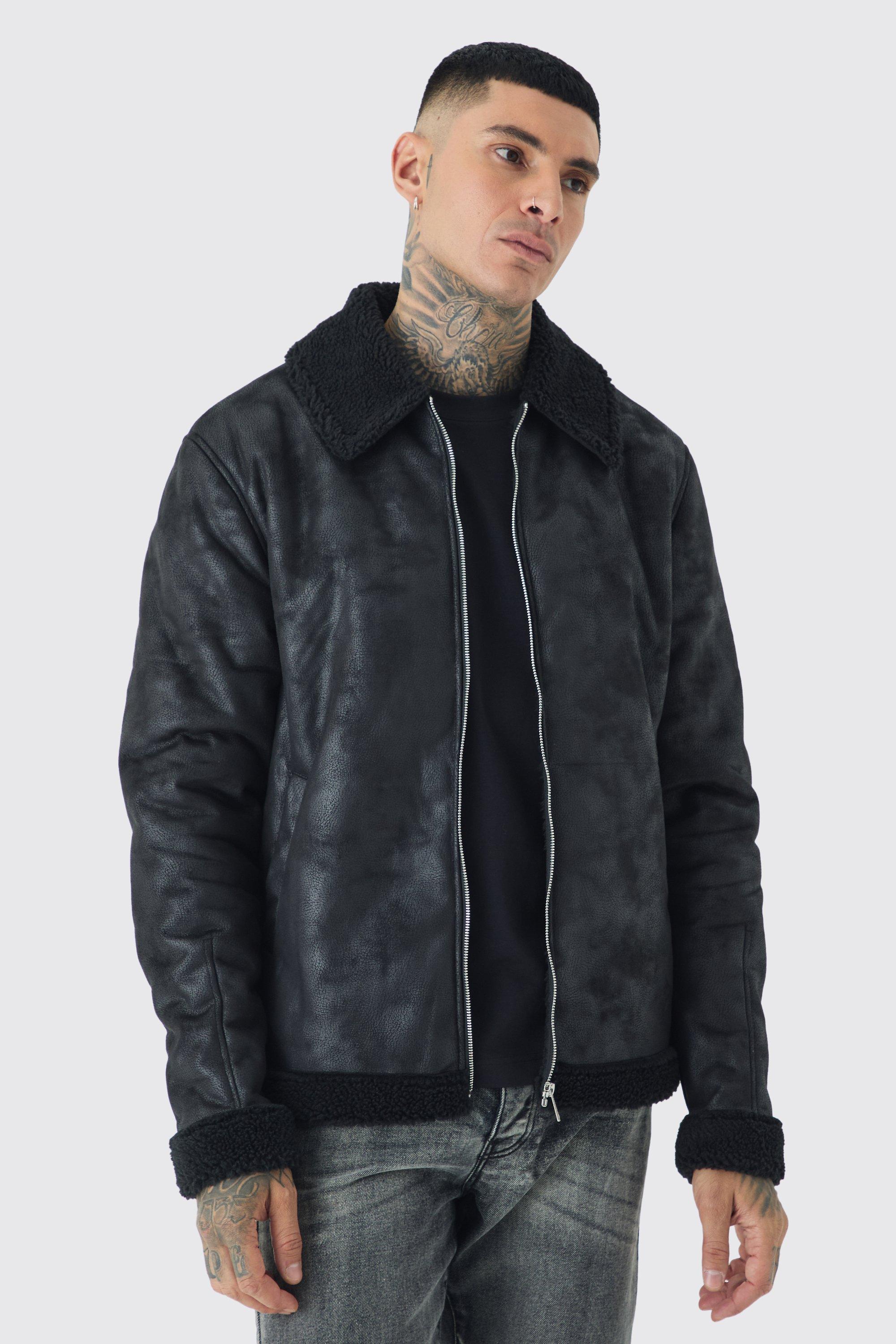 Mens Tall Faux Suede Aviator Jacket In Black, Black