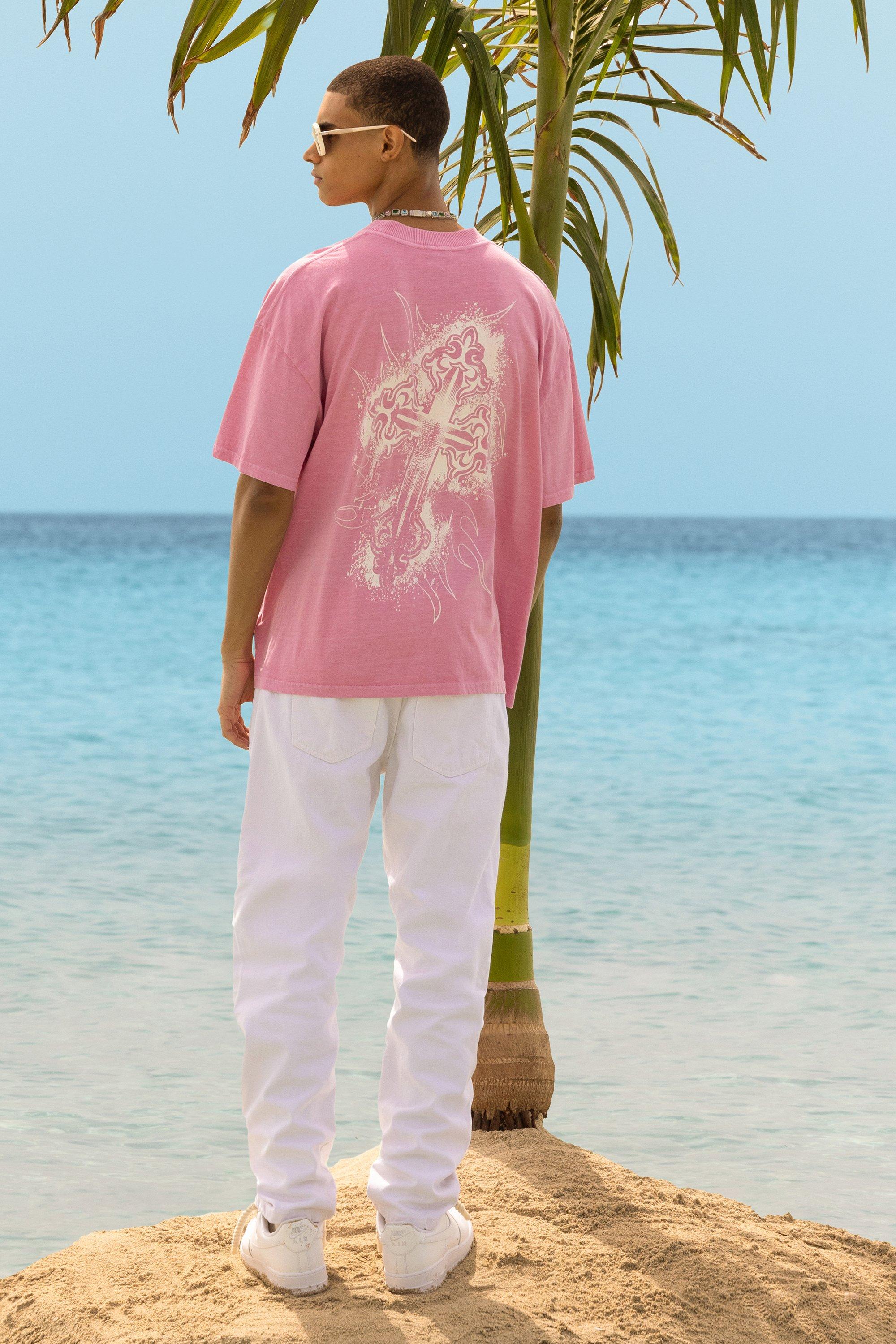 Image of T-shirt oversize slavata con stampa di croce, Pink