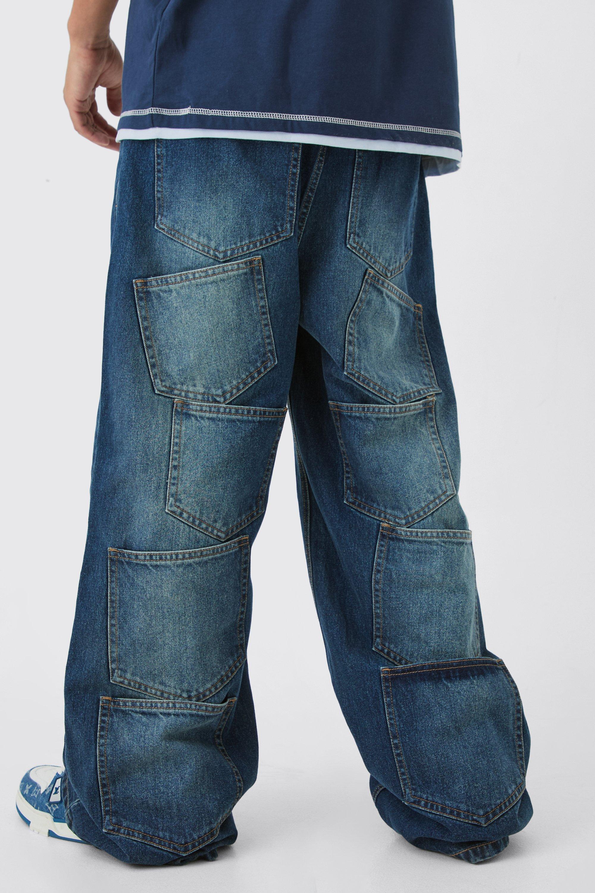 Image of Extreme Baggy Rigid Multi Pocket Denim Jean In Antique Wash, Grigio