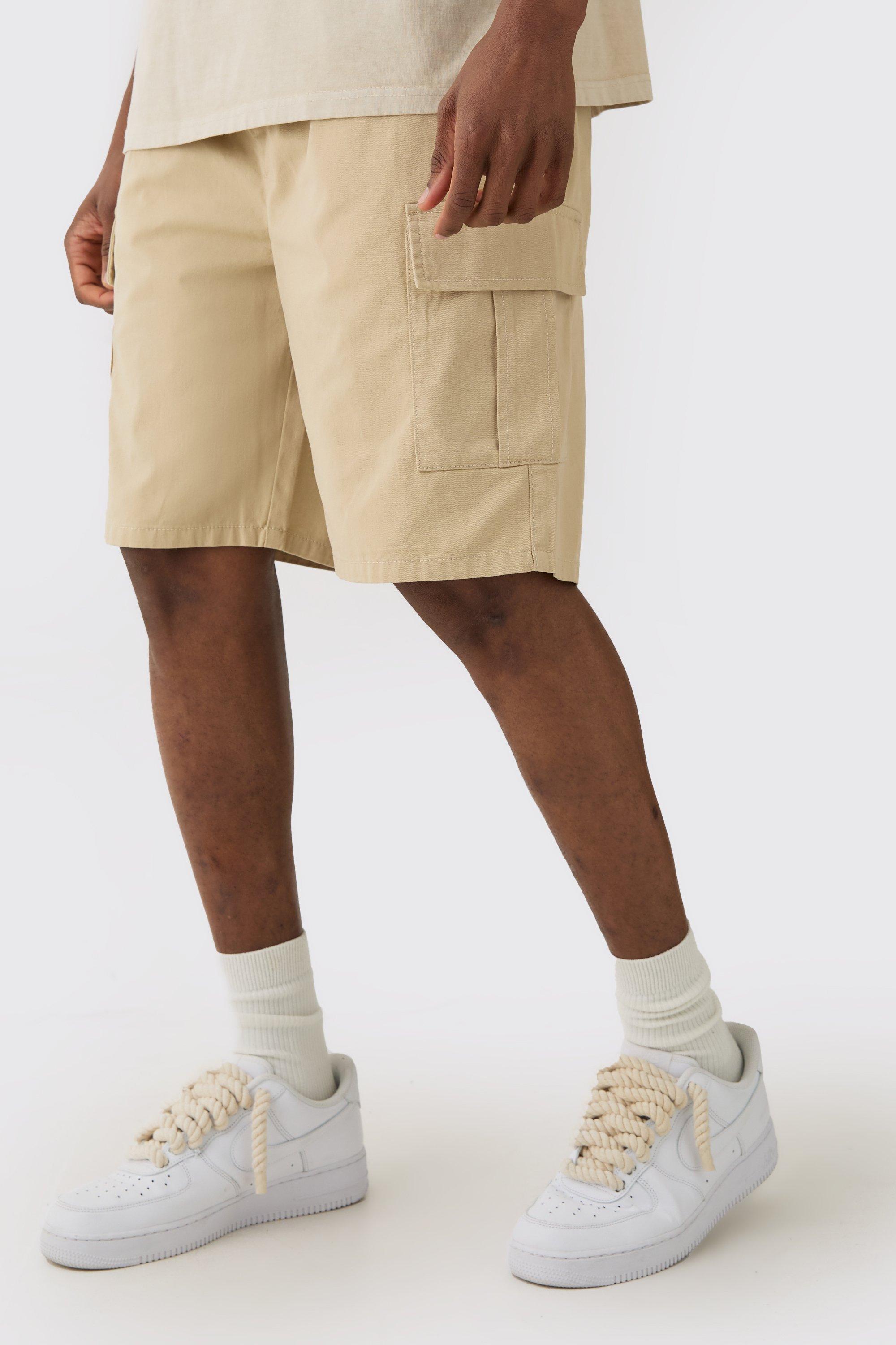 Mens Beige Tall Elasticated Waist Relaxed Fit Cargo Shorts, Beige