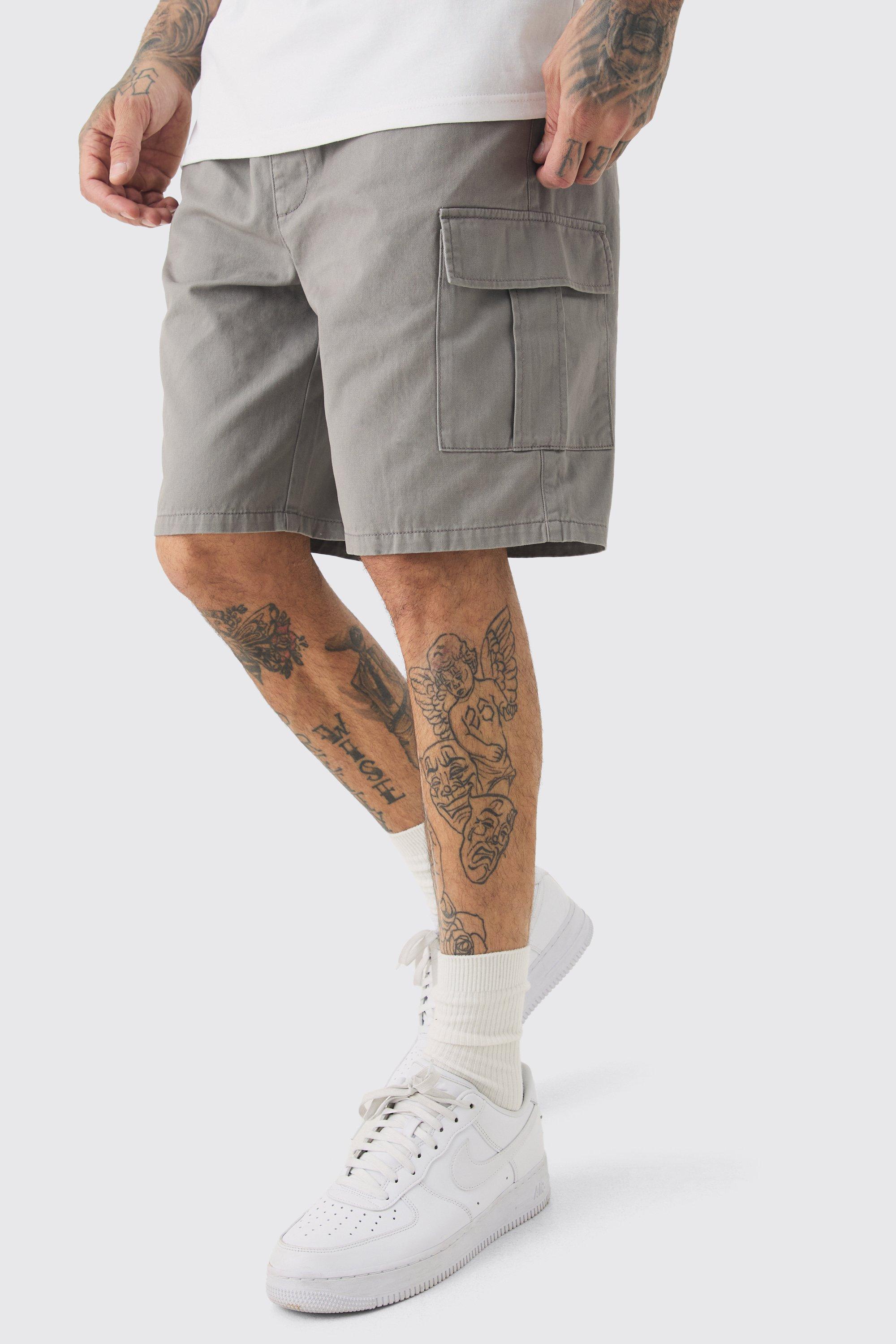 Mens Tall Elasticated Waist Grey Relaxed Fit Cargo Shorts, Grey