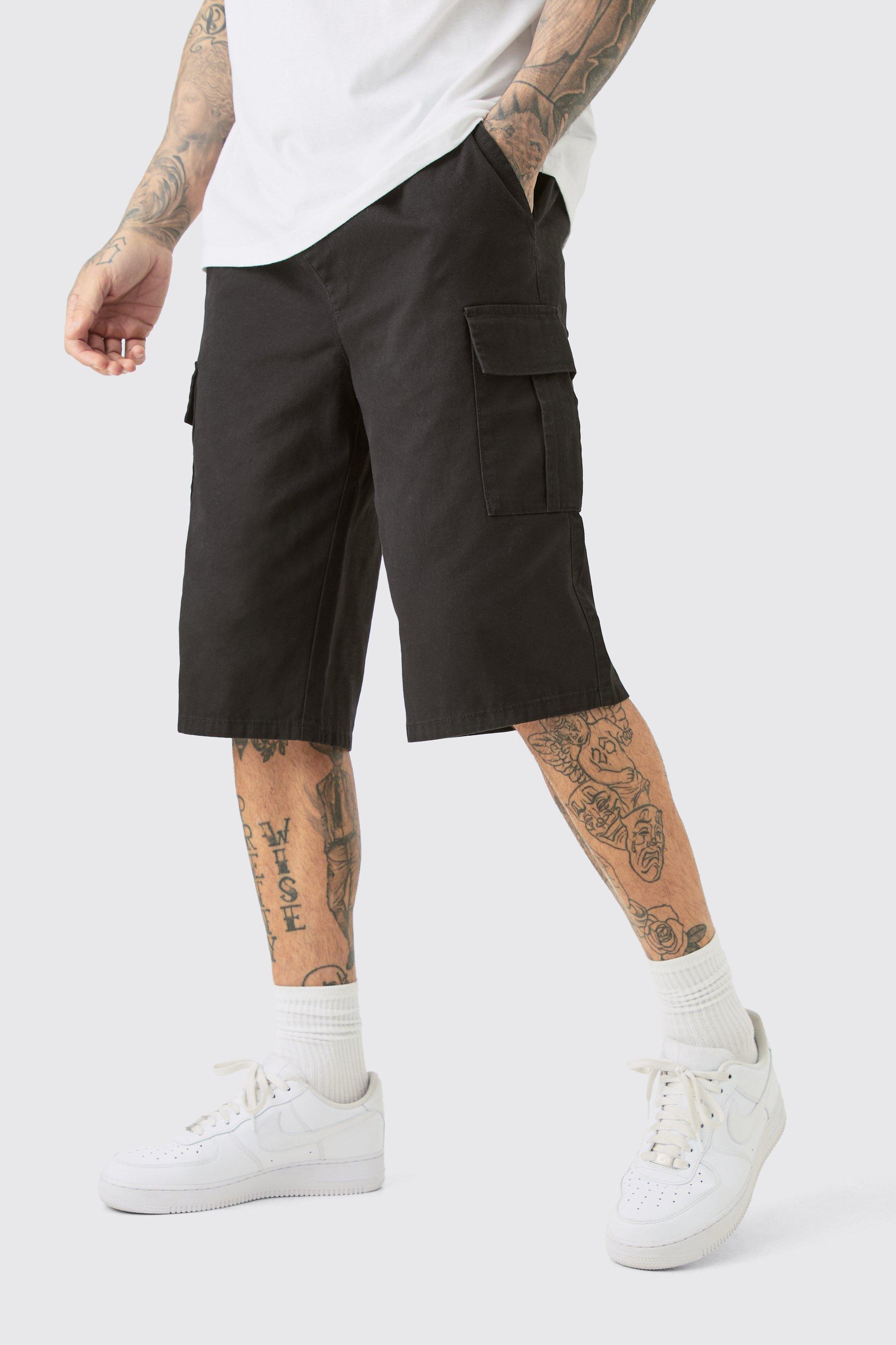 Image of Tall Elastic Waist Black Relaxed Fit Longer Length Cargo Shorts, Nero