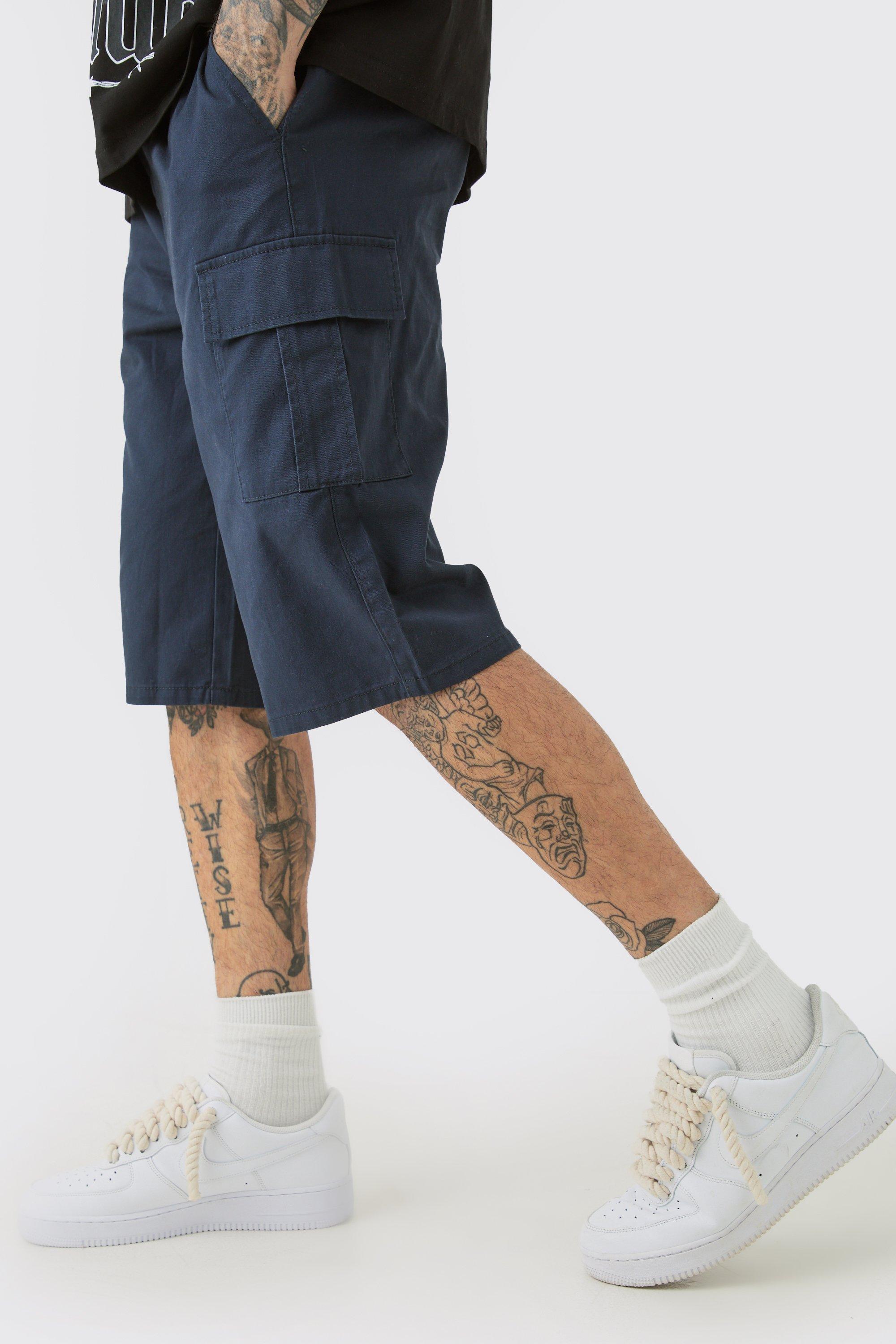 Mens Navy Tall Elasticated Waist Relaxed Fit Cargo Jorts, Navy