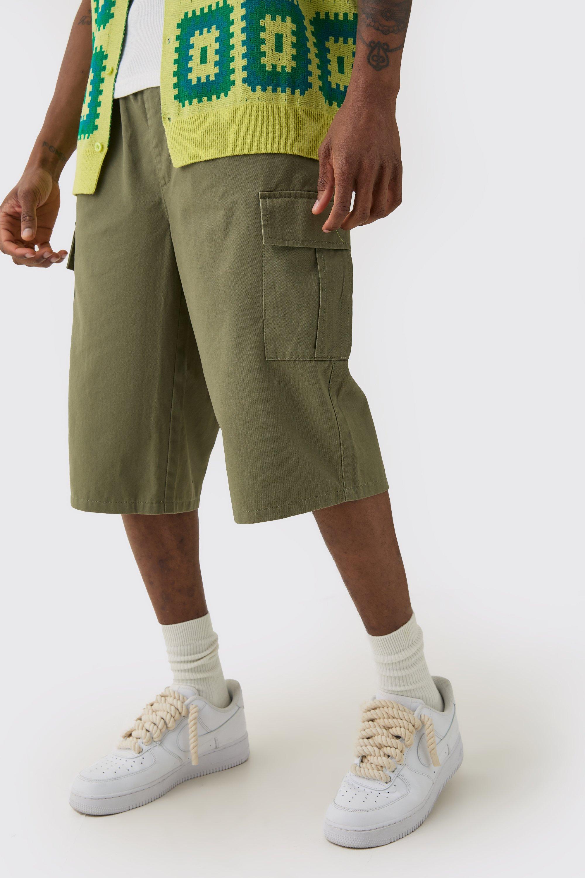 Mens Green Tall Elasticated Waist Relaxed Fit Cargo Jorts, Green