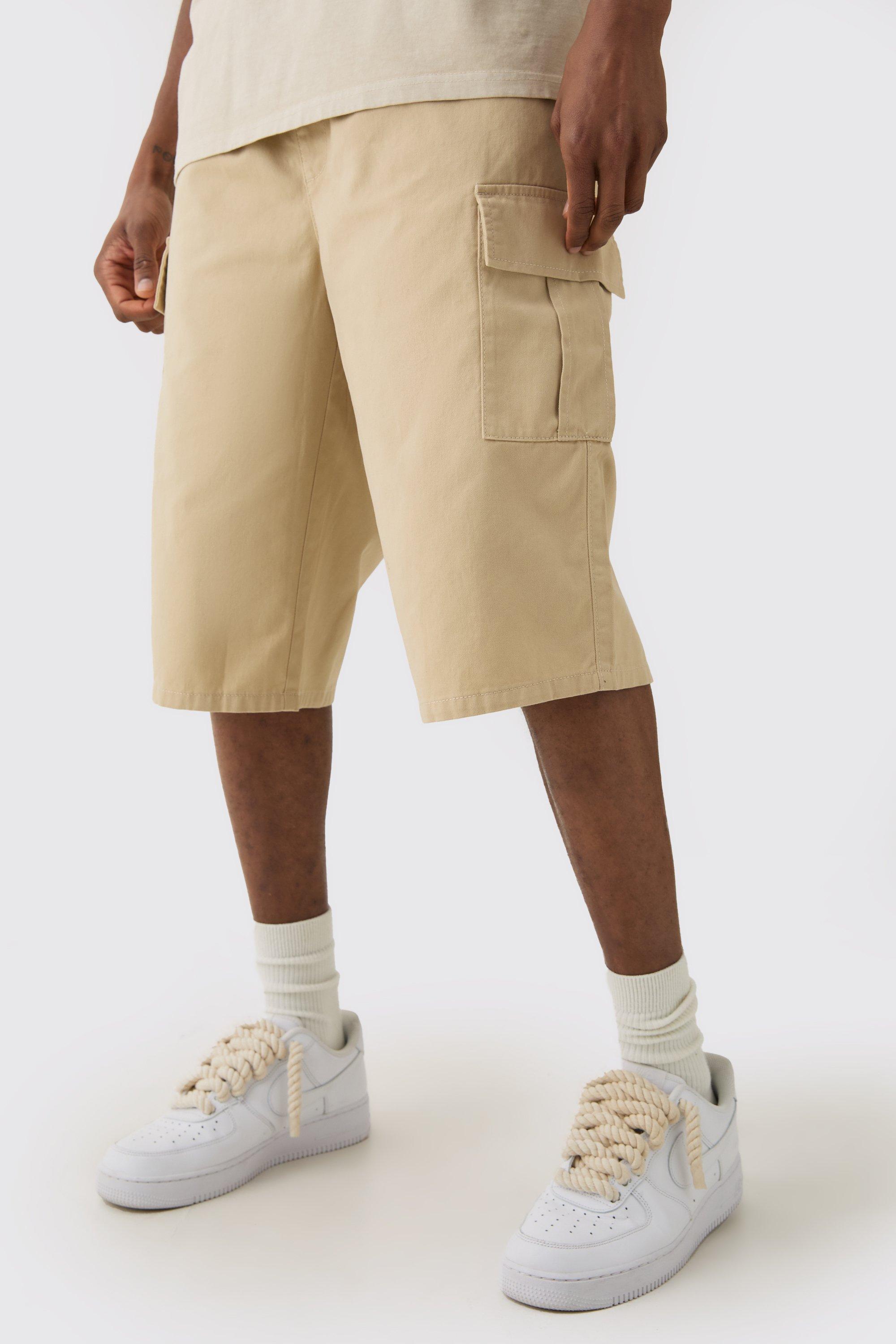 Mens Beige Tall Elasticated Waist Relaxed Fit Cargo Jorts, Beige