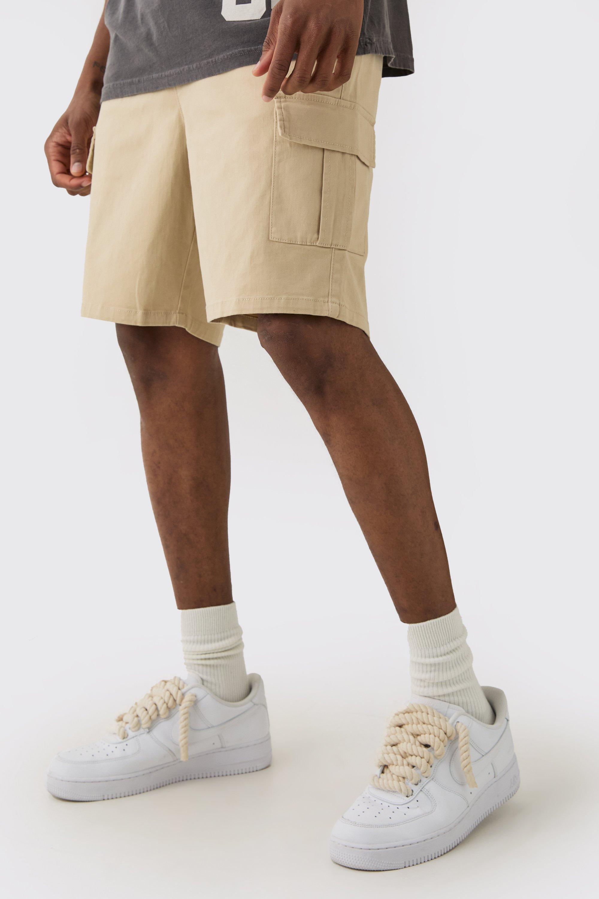 Mens Beige Tall Elasticated Waist Slim Fit Cargo Shorts, Beige