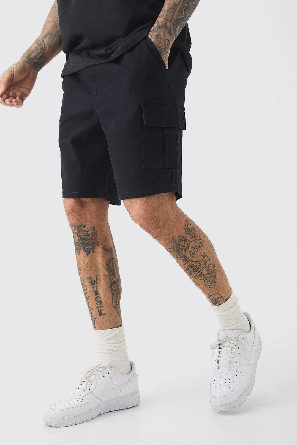 Mens Tall Elasticated Waist Black Skinny Fit Cargo Shorts, Black