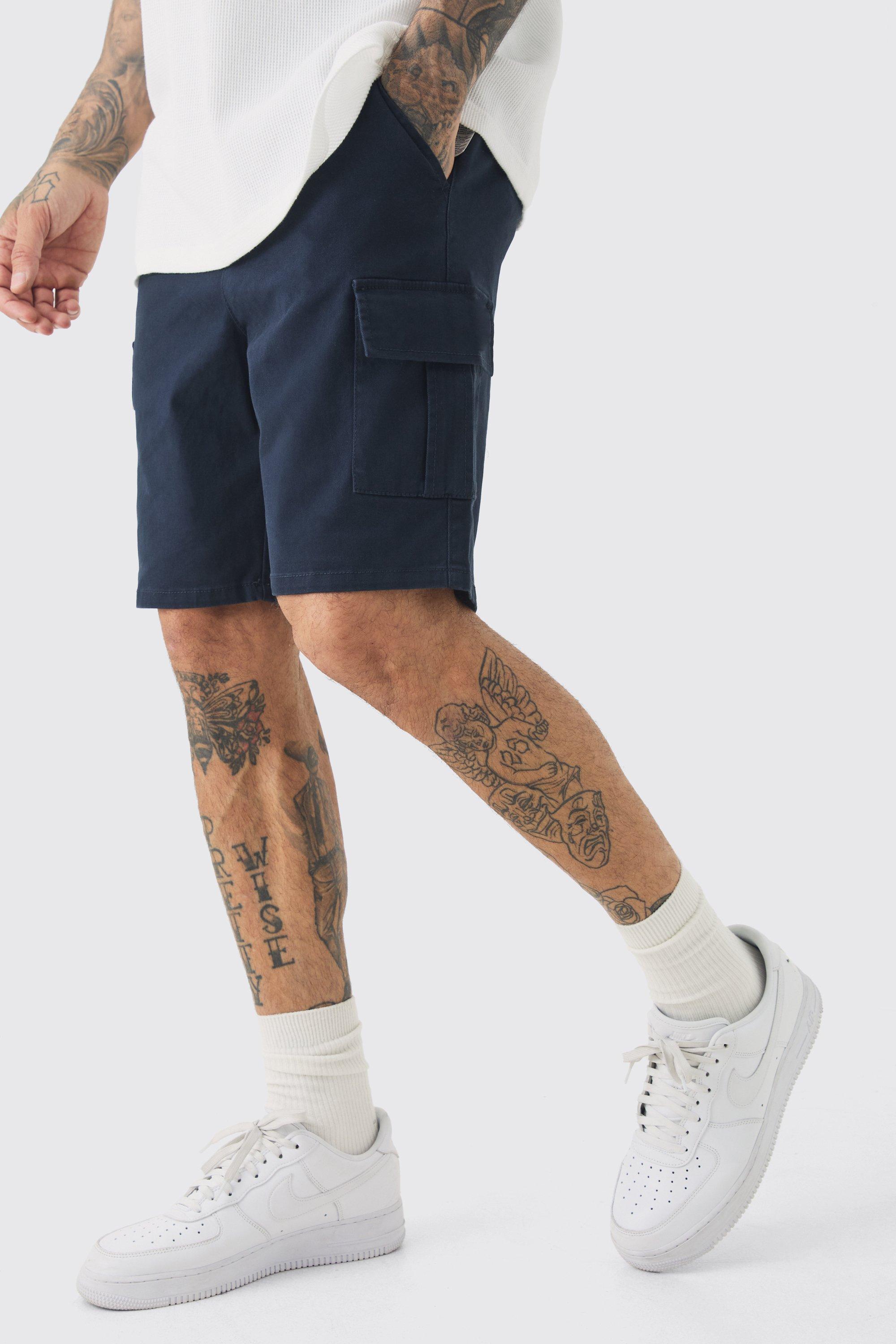 Mens Tall Elasticated Waist Navy Skinny Fit Cargo Shorts, Navy