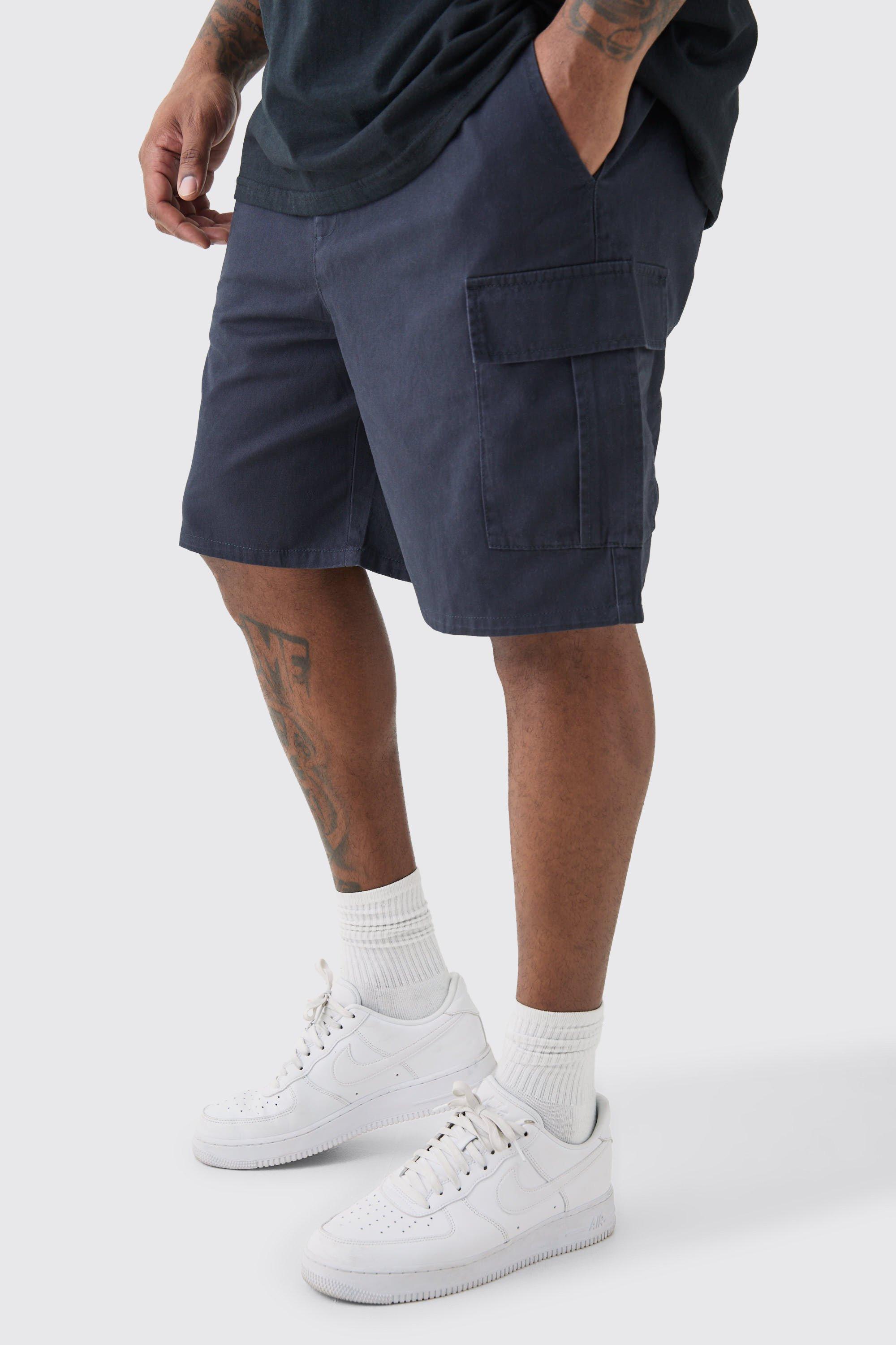 Mens Plus Elasticated Waist Navy Relaxed Fit Cargo Shorts, Navy